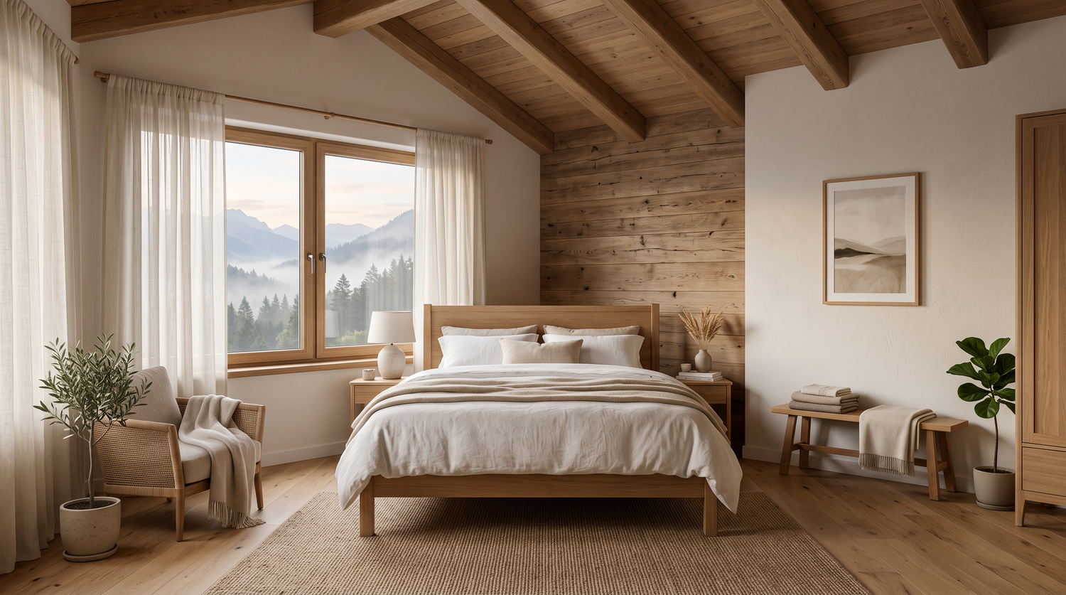 Ruhiges Schlafzimmer im Morgenlicht mit ordentlich gemachtem Bett und Leinenvorhängen