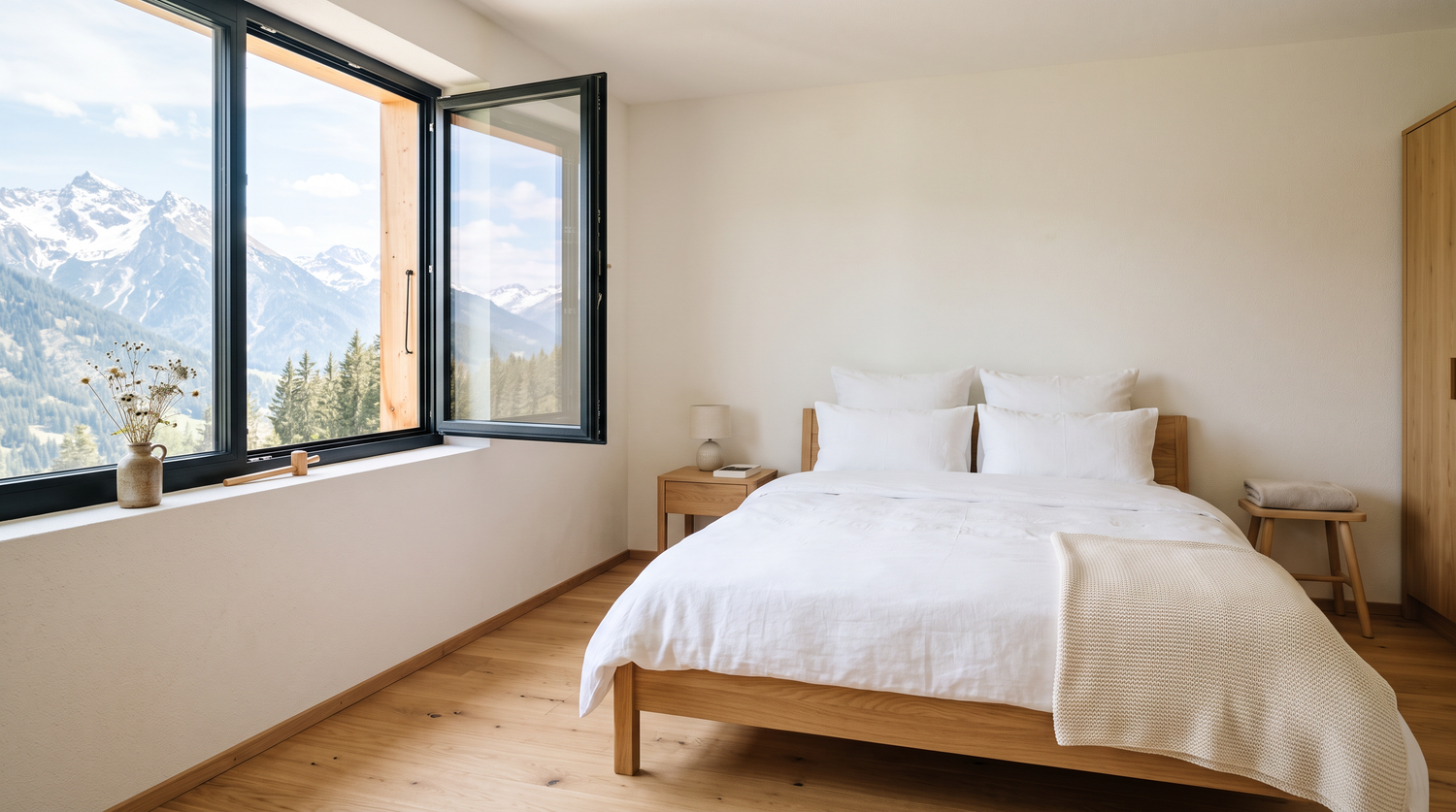 Aufgeräumtes, helles Schlafzimmer mit frisch bezogenem weissem Bett und offenem Fenster