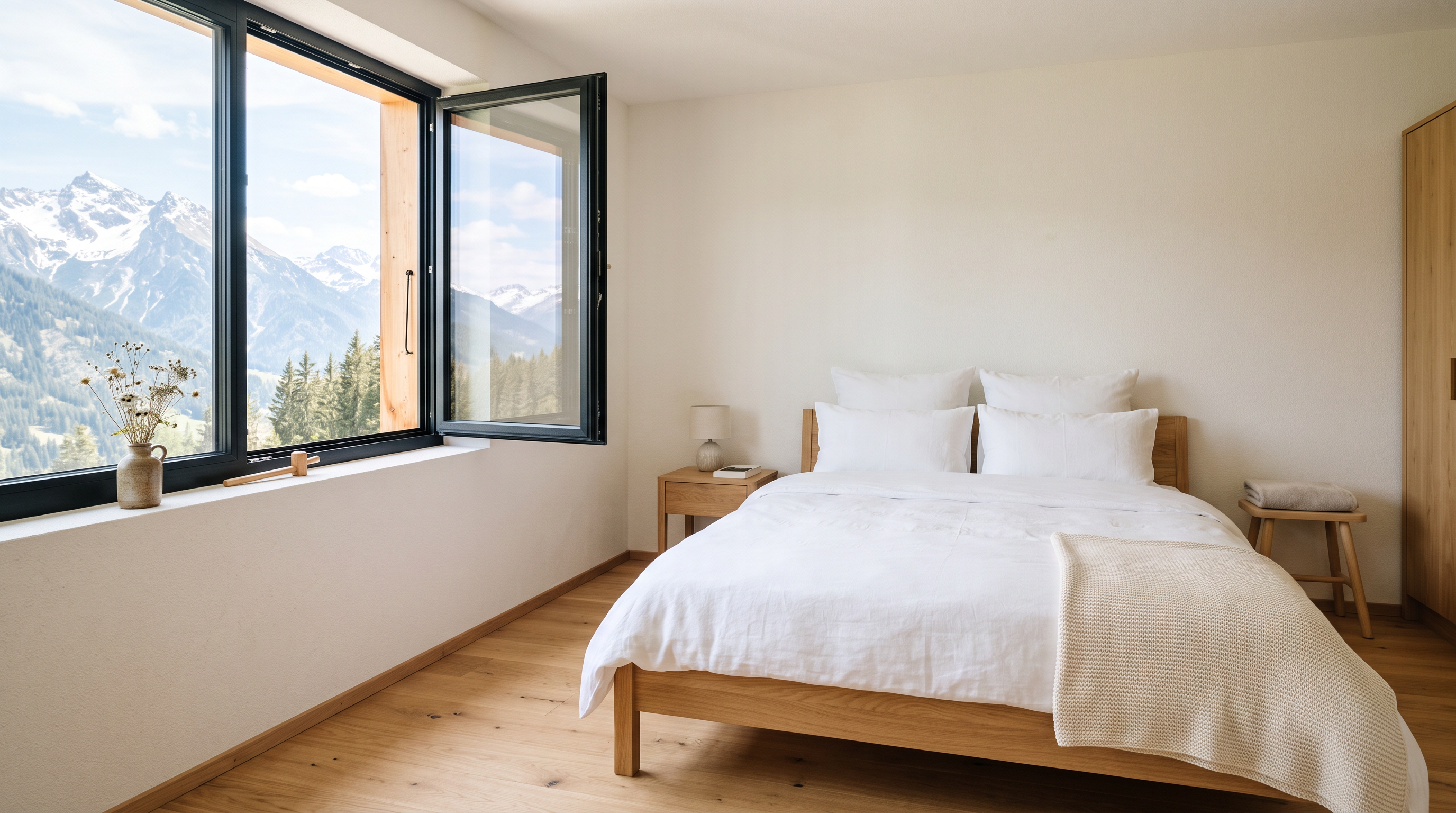 Aufgeräumtes, helles Schlafzimmer mit frisch bezogenem weissem Bett und offenem Fenster