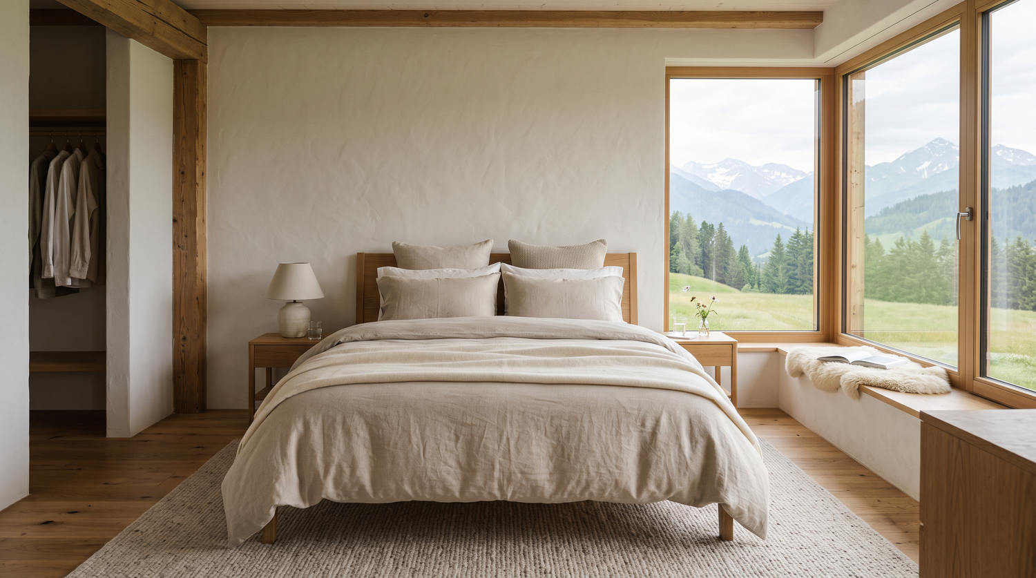Luftiges, helles Schlafzimmer mit leicht erhöhten Kissen und grossem Fenster mit Blick auf Berge