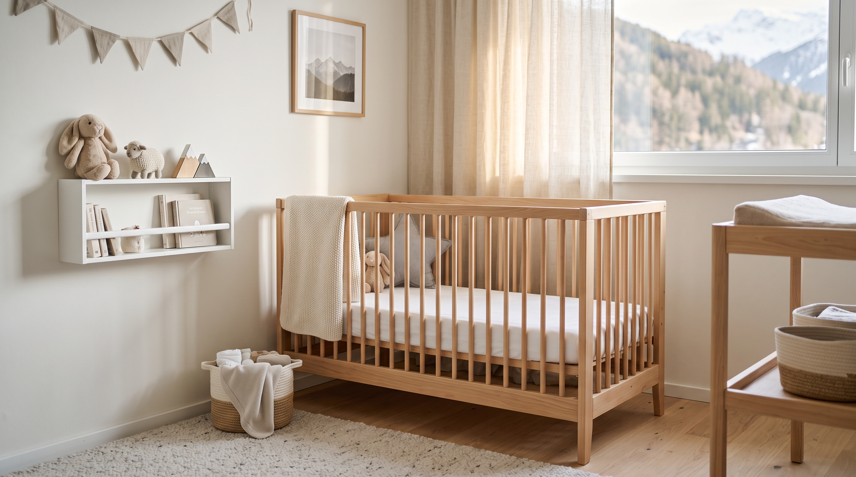 Ruhiges Kinderzimmer mit Holzgitterbett und weichem Morgenlicht