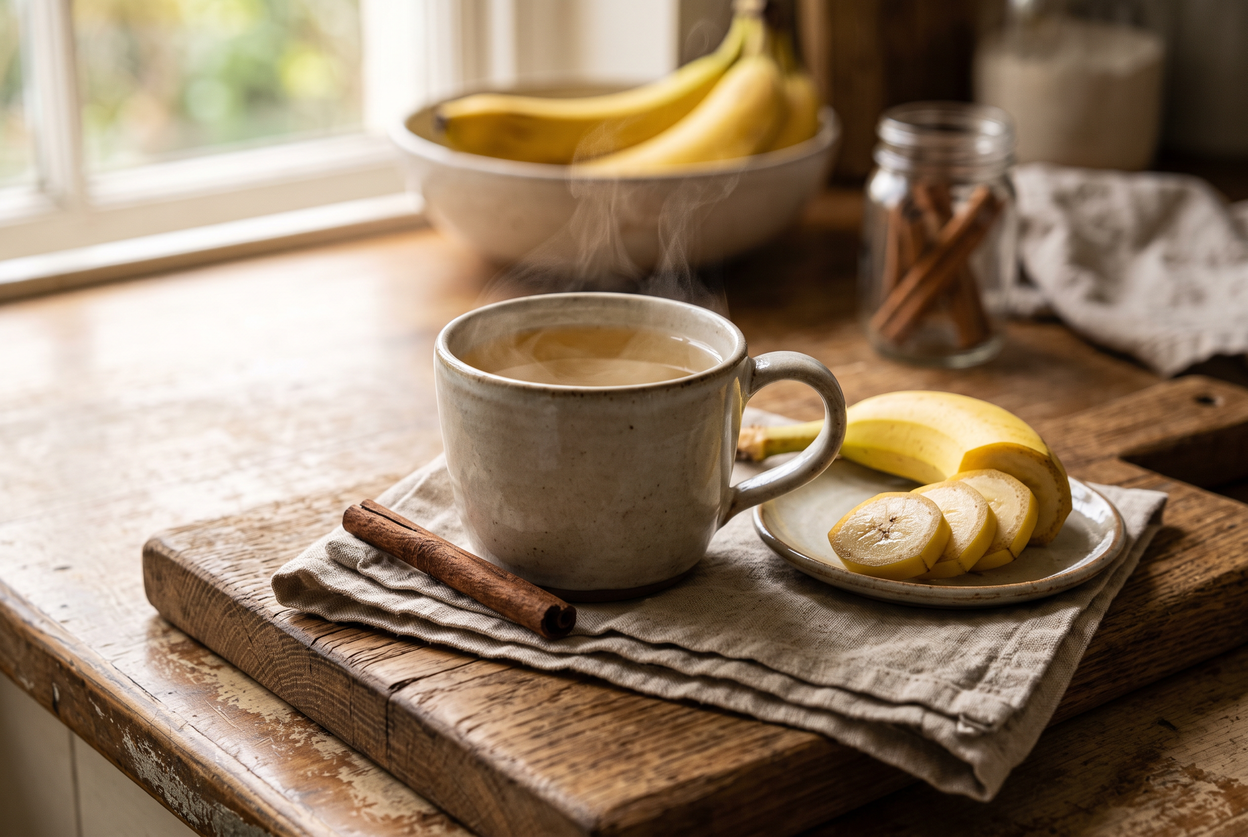 Dampfende Tasse Bananentee mit Banane und Zimtstange