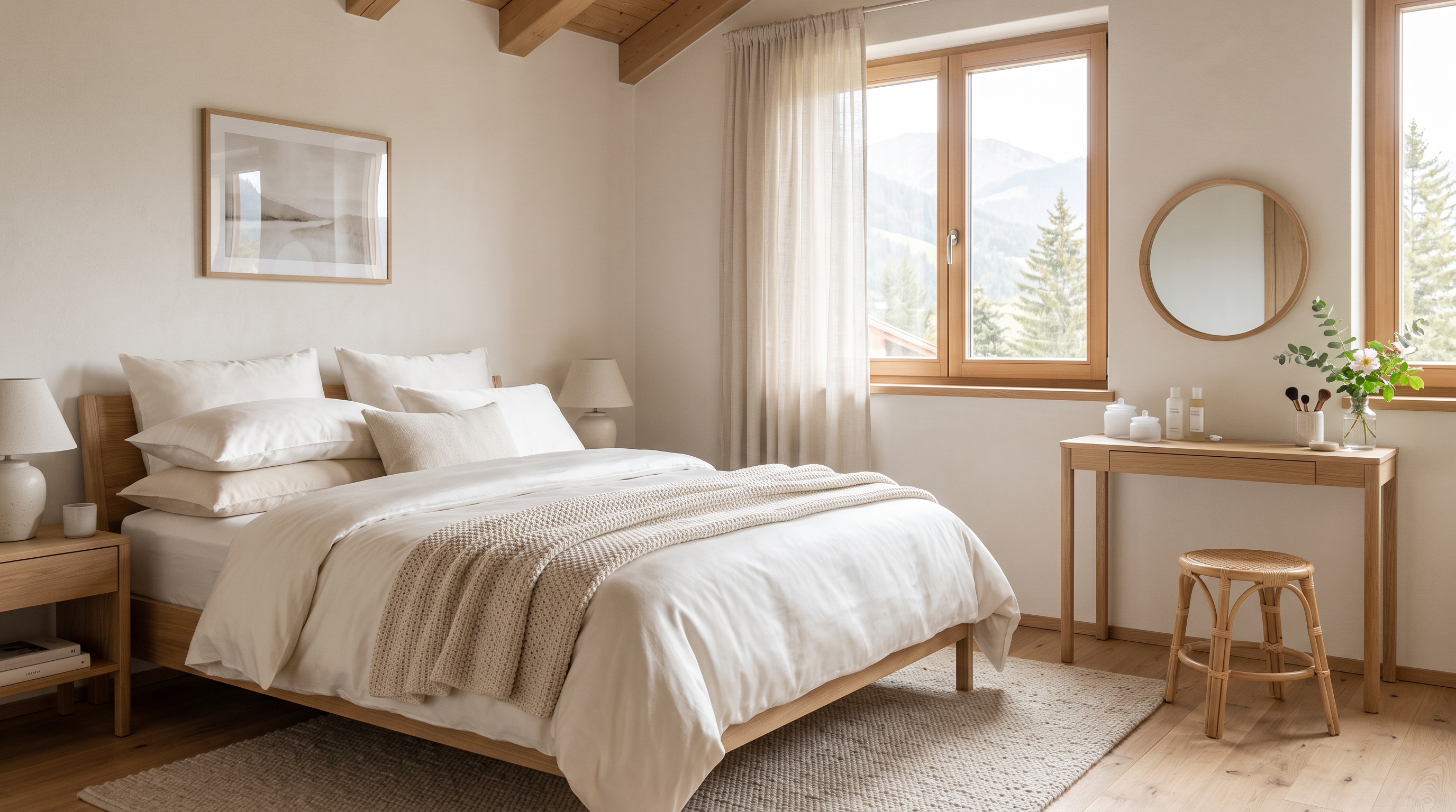 Elegantes helles Schlafzimmer mit seidiger Bettwäsche und Schminktisch mit Hautpflegeprodukten