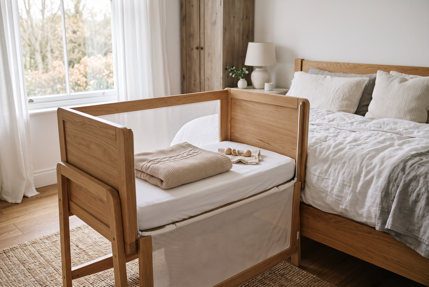 Beistellbett aus Holz direkt am Elternbett