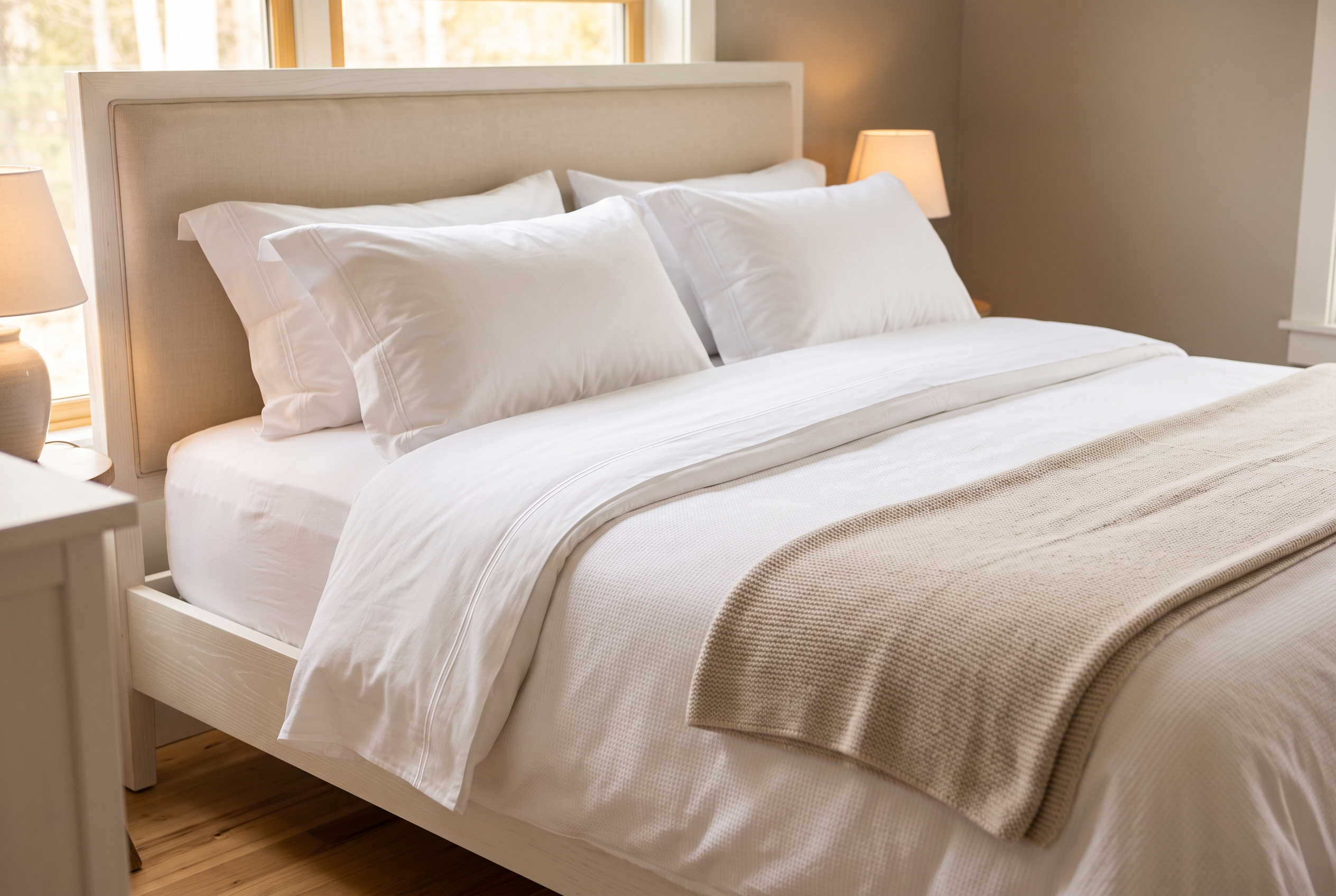 Hotelbett-Detail mit mehrlagiger weisser Bettwäsche und Kissen