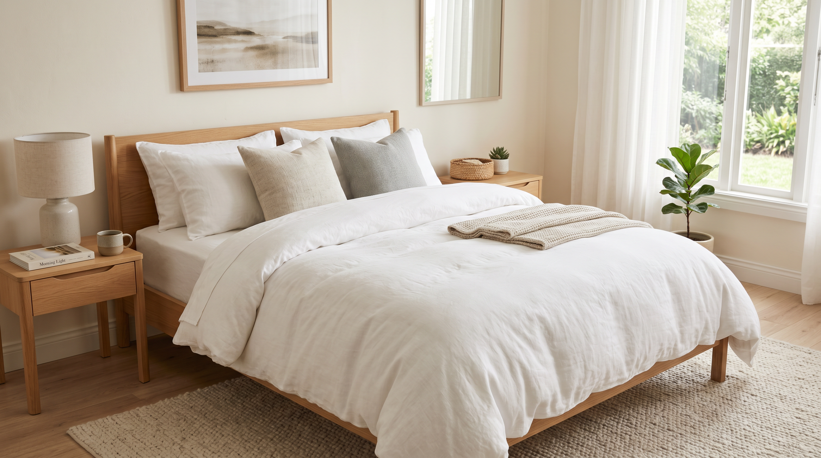 Flauschige weisse Bettdecke auf einem gemachten Bett in hellem Schlafzimmer