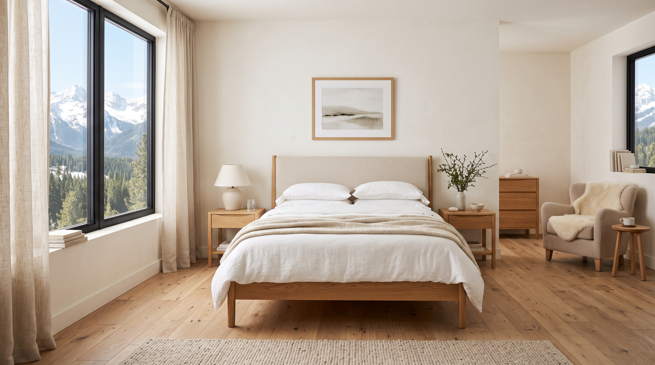 Elegantes Bettgestell aus Eichenholz mit gepolstertem Kopfteil im hellen Schlafzimmer