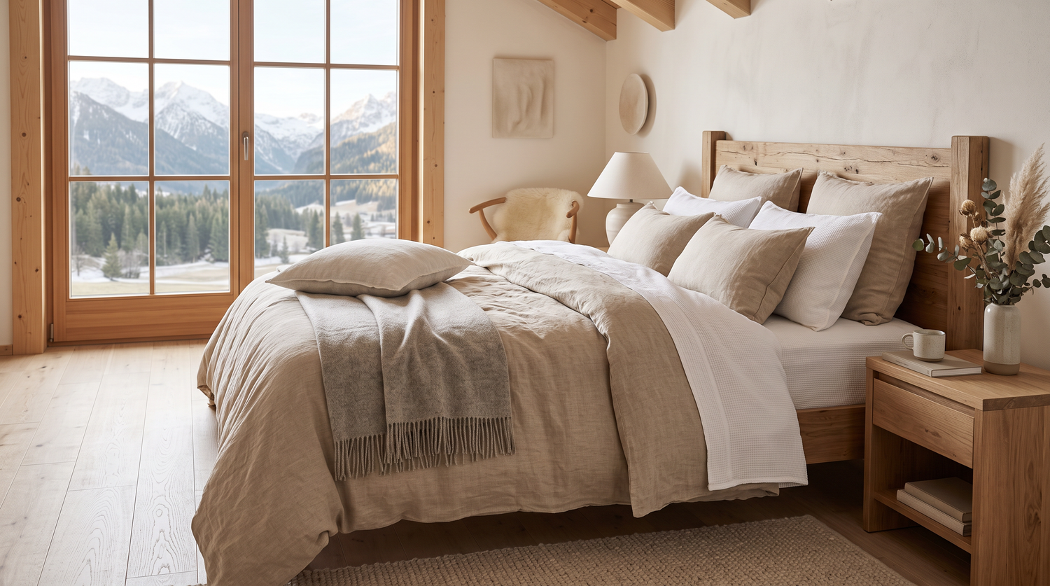 Gemachtes Bett mit Bettwäsche aus Leinen und Baumwolle in natürlichen Farbtönen