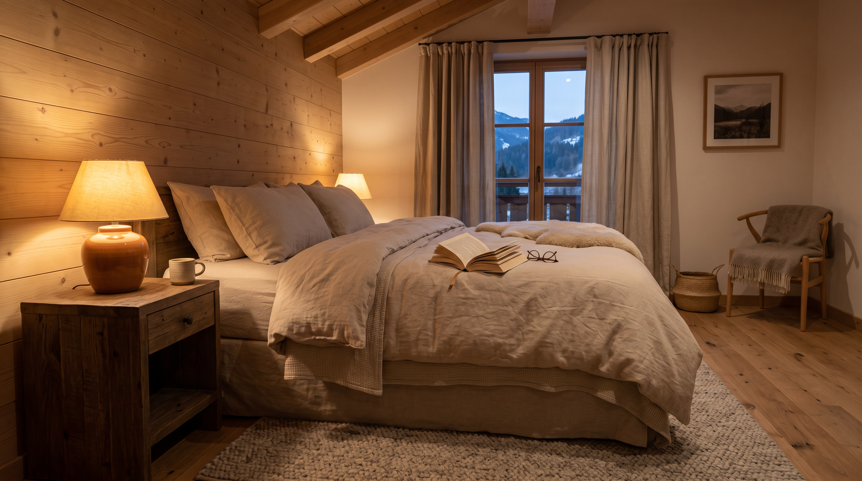 Gemütliches Schlafzimmer am Abend mit warmem Lampenlicht und aufgeschlagenem Buch auf dem Bett