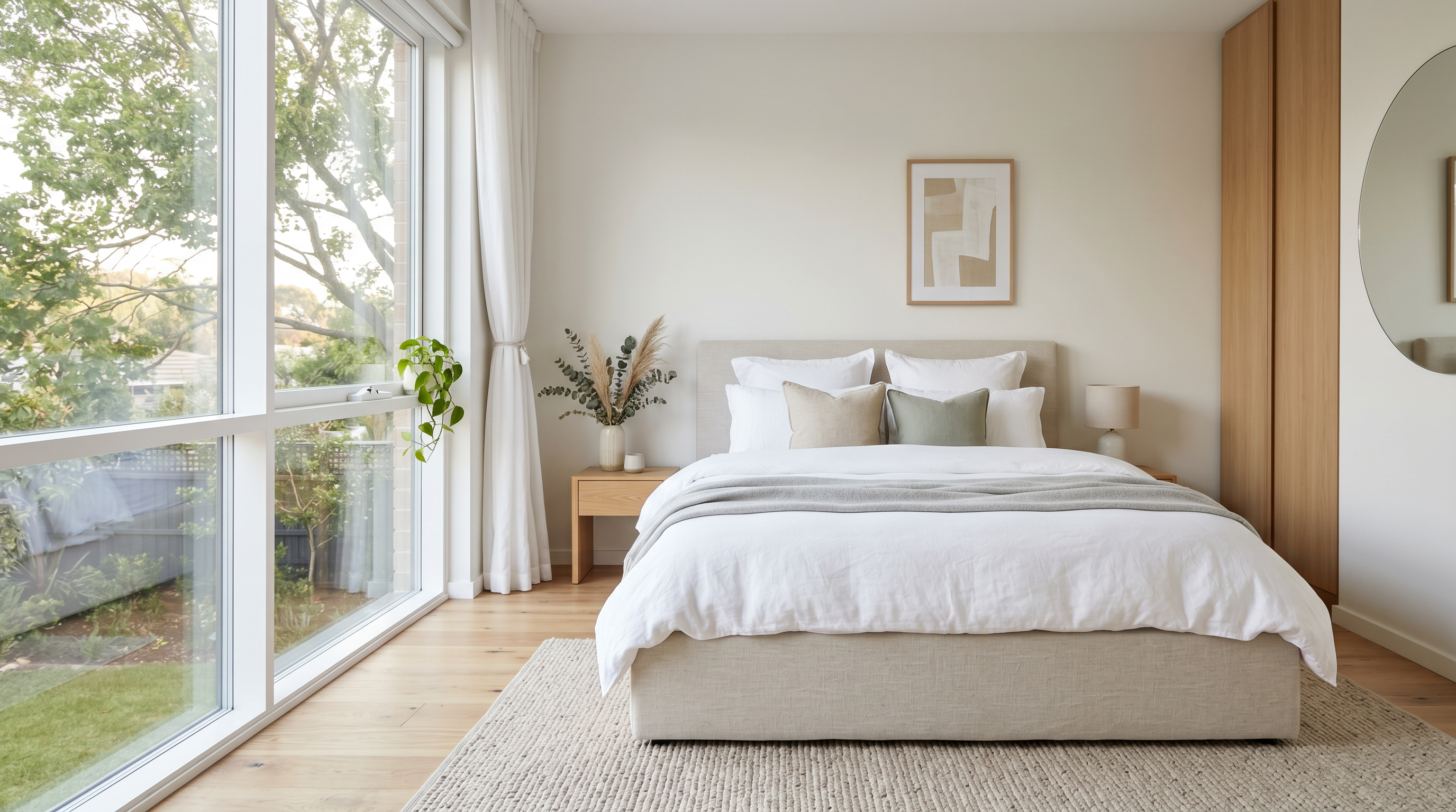 Helles Schlafzimmer mit gepolstertem Bett und weisser Bettwäsche