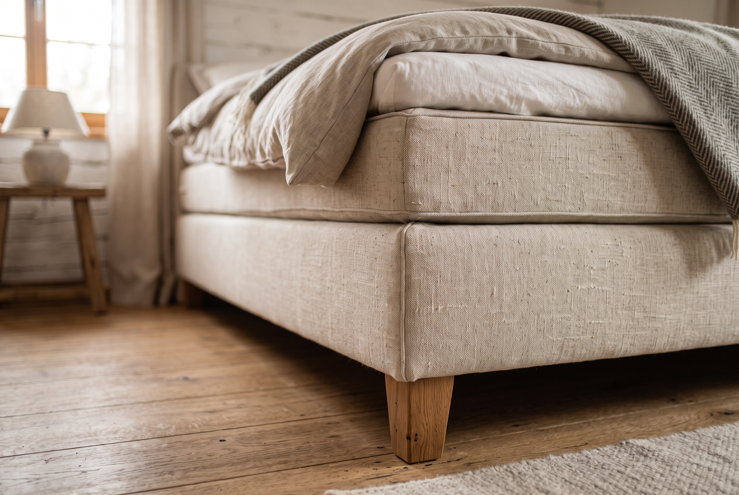 Ecke eines Boxspringbetts mit gepolsterter Basis und Holzfüssen