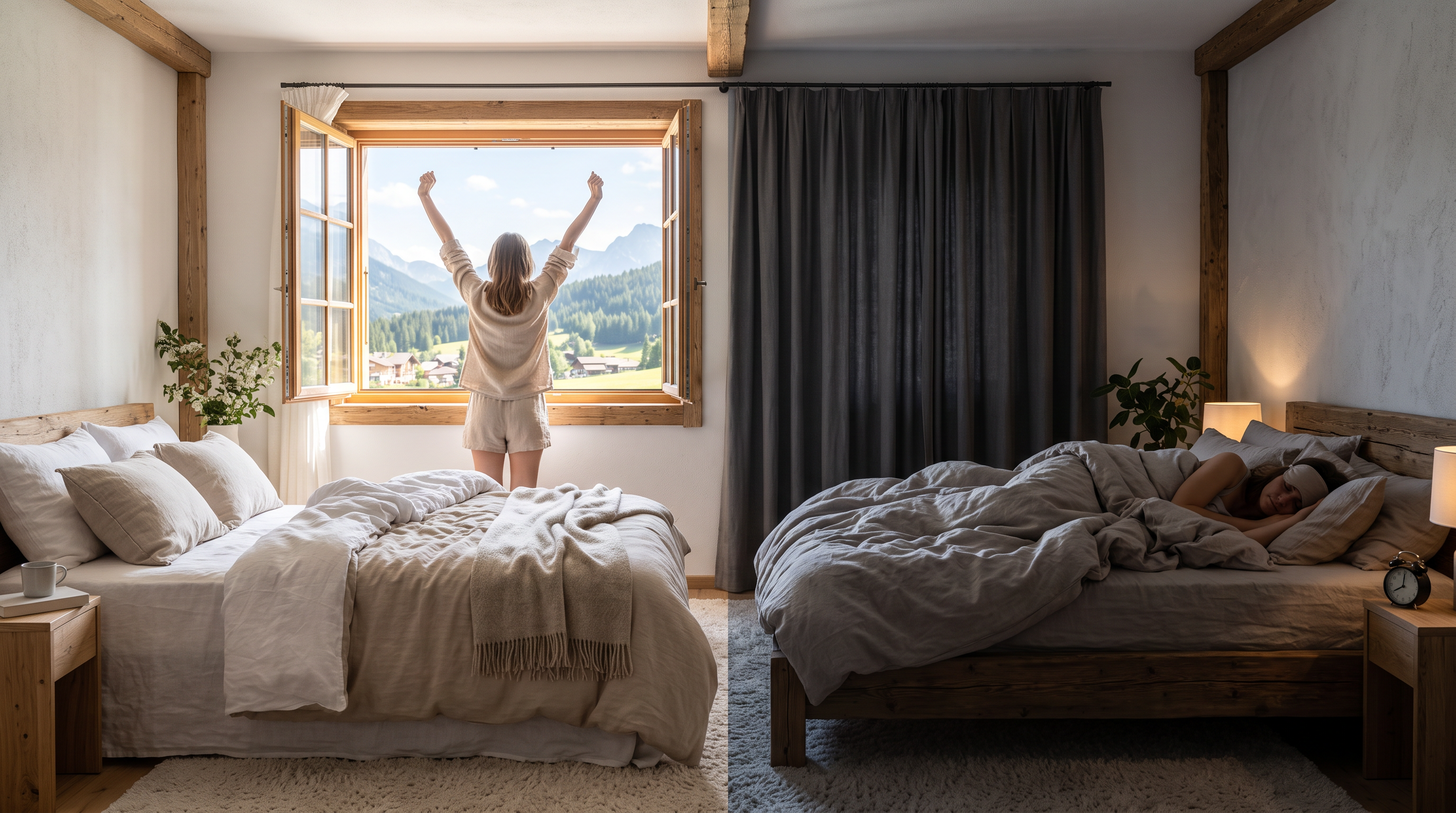 Helles Morgenschlafzimmer mit einer sich reckenden Person – Chronotypen Lerche und Eule