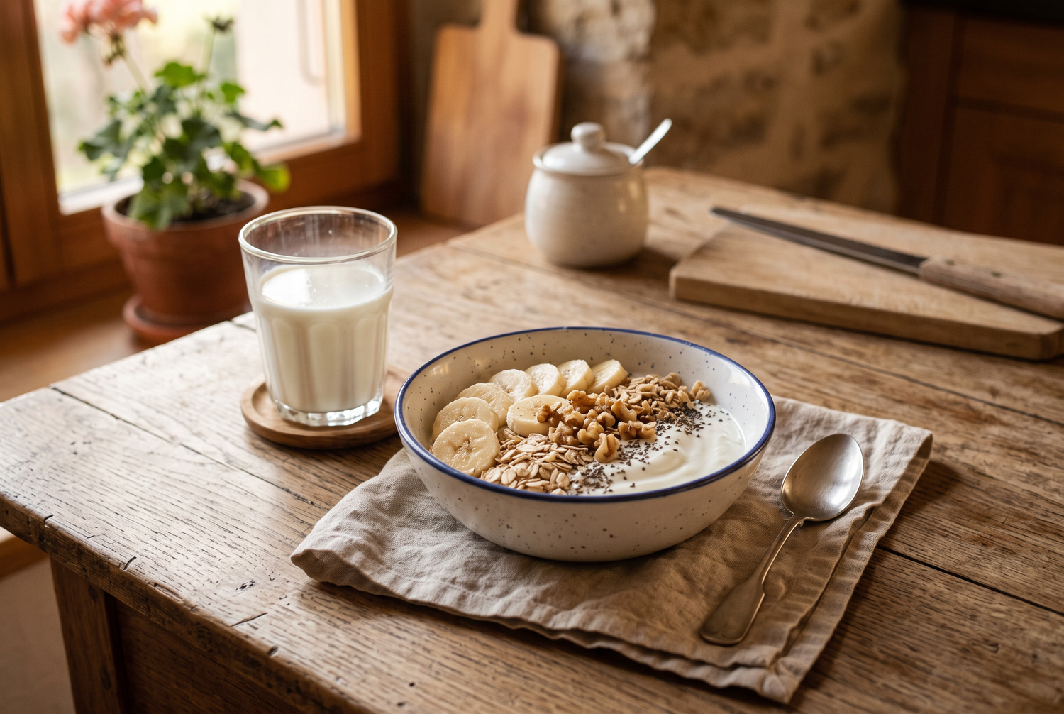 Leichte Abendmahlzeit mit Joghurt, Banane und Nüssen