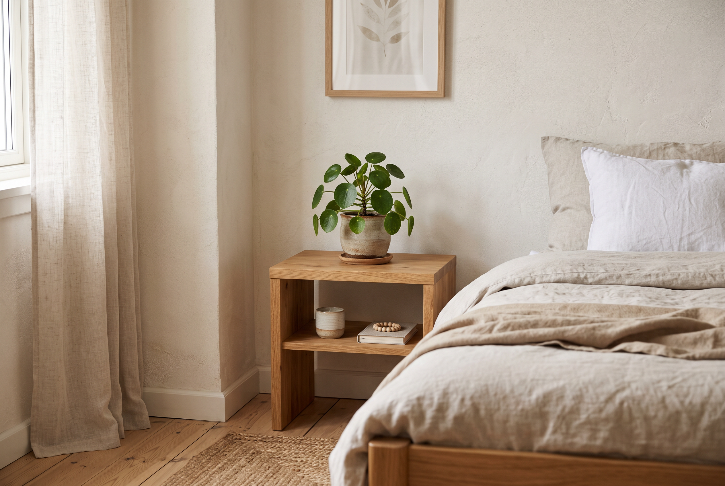Harmonisch gestaltete Schlafzimmer-Ecke mit Pflanze und Leinen