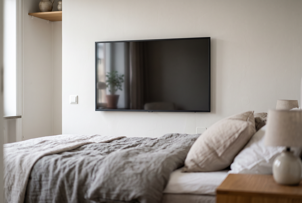 Ausgeschalteter Flachbildschirm an einer hellen Schlafzimmerwand