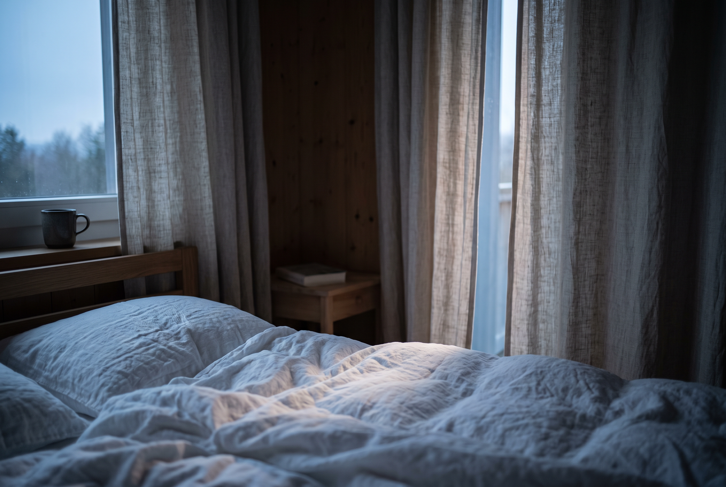 Erstes Morgenlicht fällt durch einen Vorhangspalt auf Bettwäsche