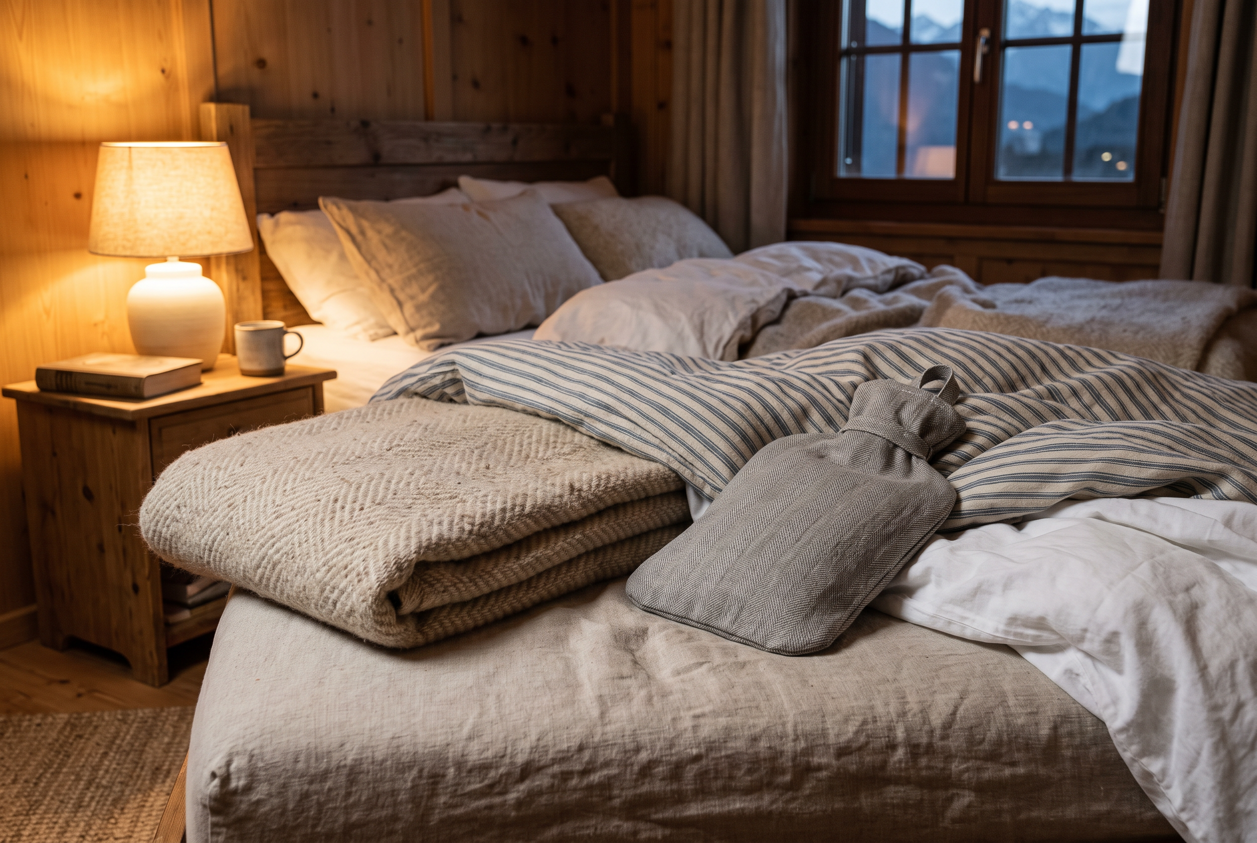 Bett mit Wolldecke und Waermflasche im warmen Abendlicht