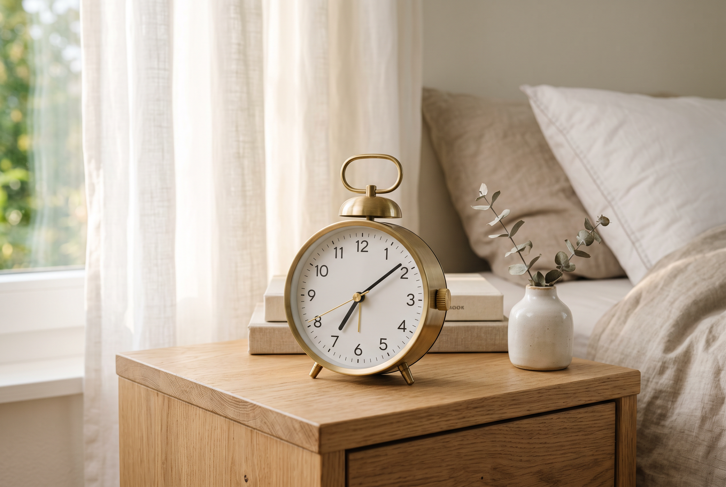 Analoger Wecker auf Nachttisch im warmen Morgenlicht