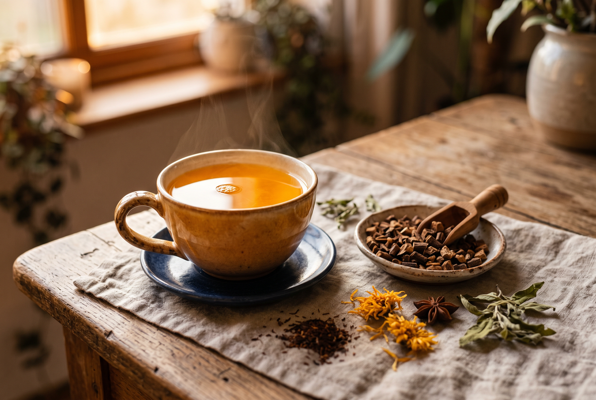 Tasse Rooibos-Tee mit geröstetem Zichorienwurzel-Kaffee auf Leinenserviette