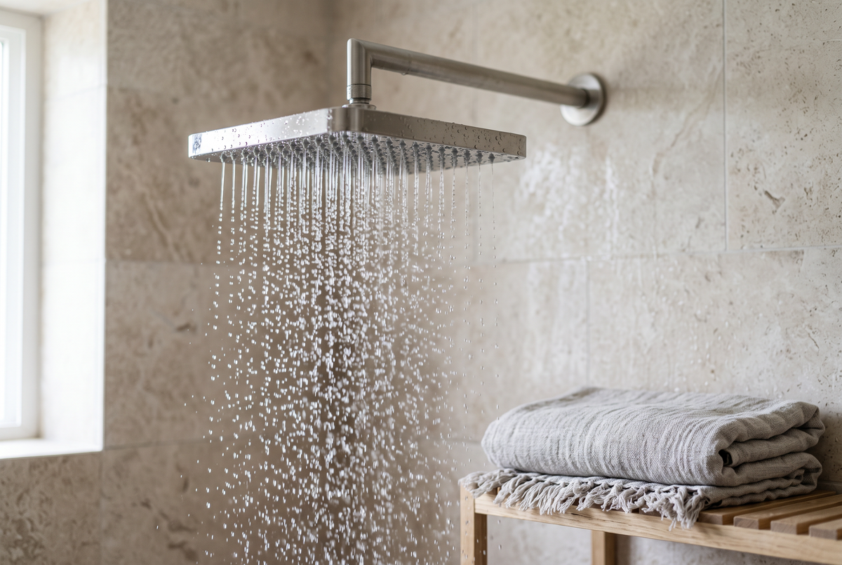 Regendusche mit kühlen Wassertropfen im hellen Badezimmer