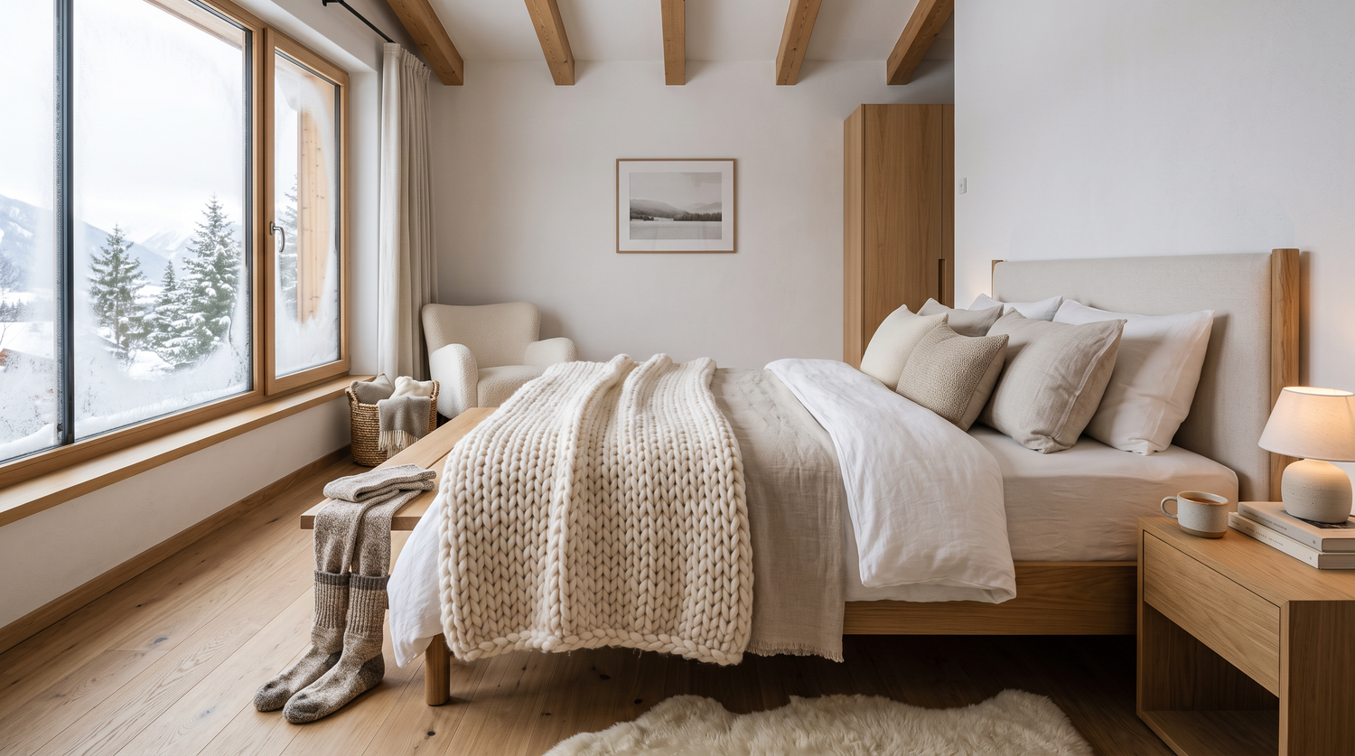 Gemütliches Schlafzimmer im Winter mit warmer Wolldecke und Bettsocken am Fussende