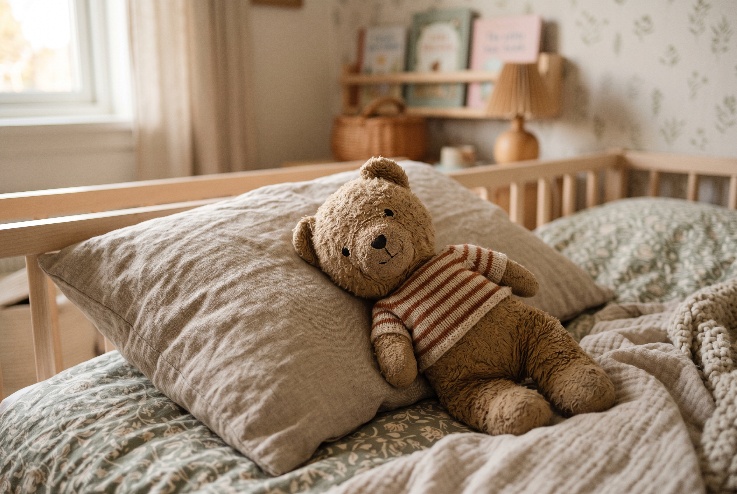 Teddybär auf Leinenkissen im Morgenlicht