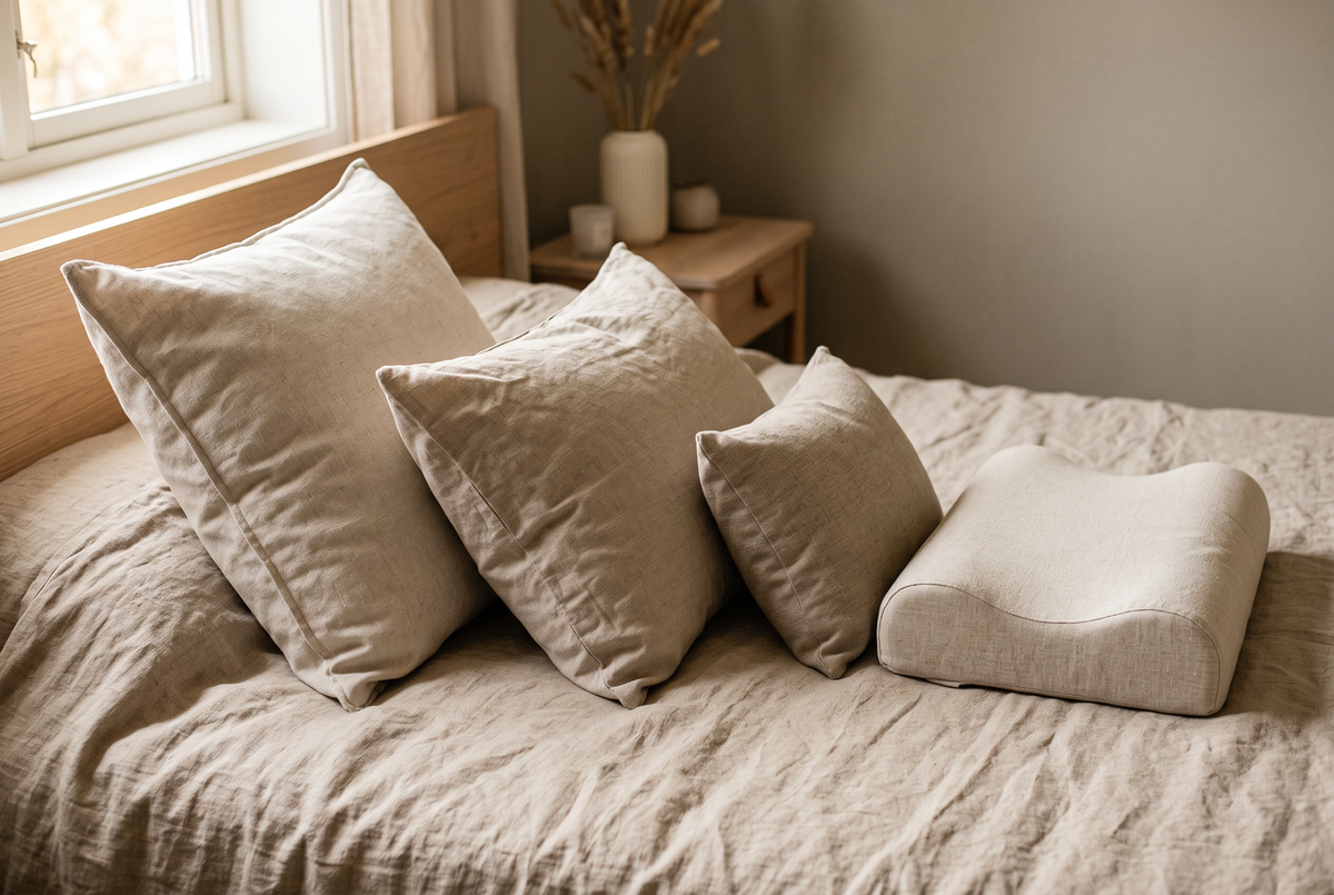 Vier Kopfkissen in unterschiedlichen Groessen nebeneinander