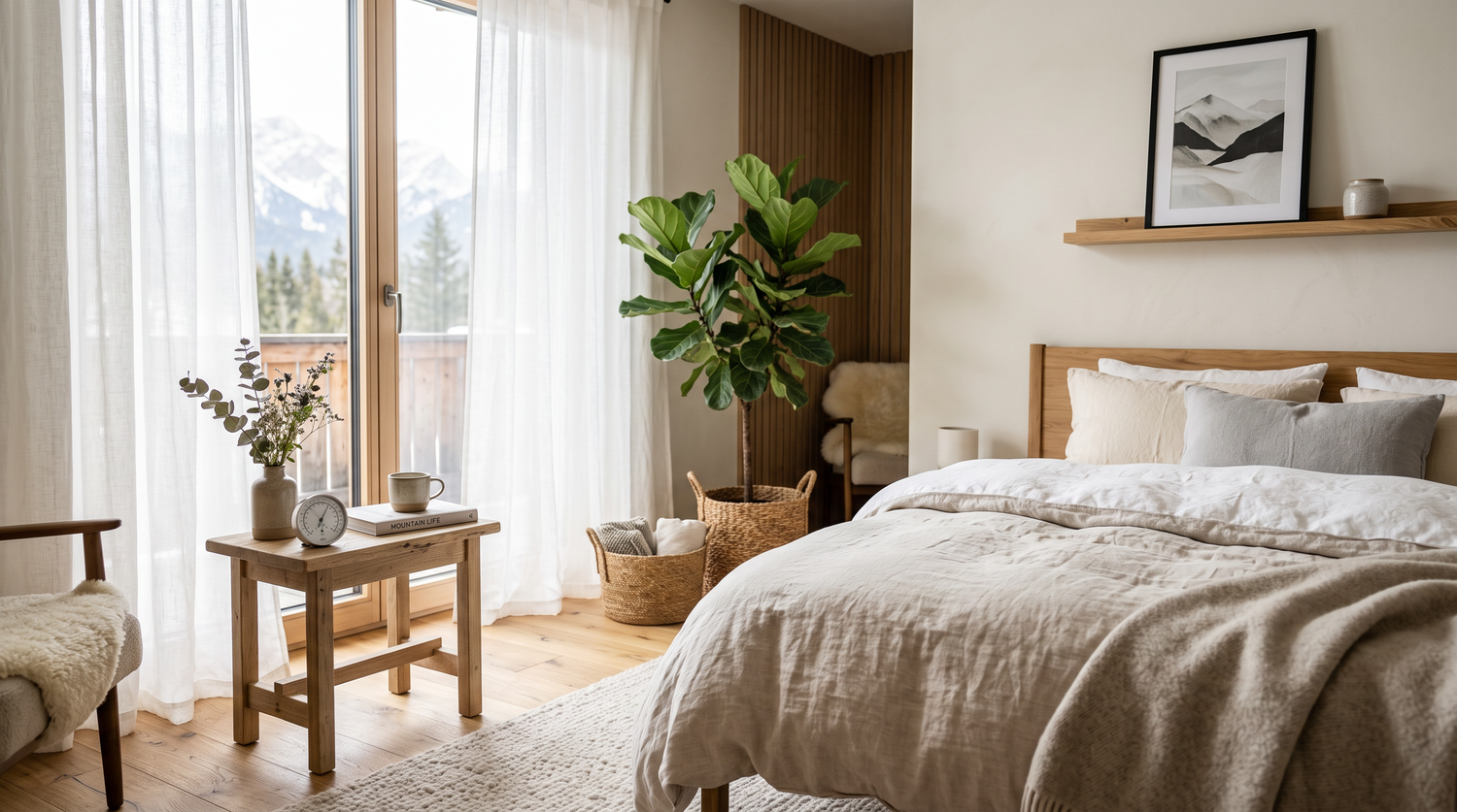 Schlafzimmer mit Hygrometer auf dem Nachttisch zur Kontrolle der Luftfeuchtigkeit
