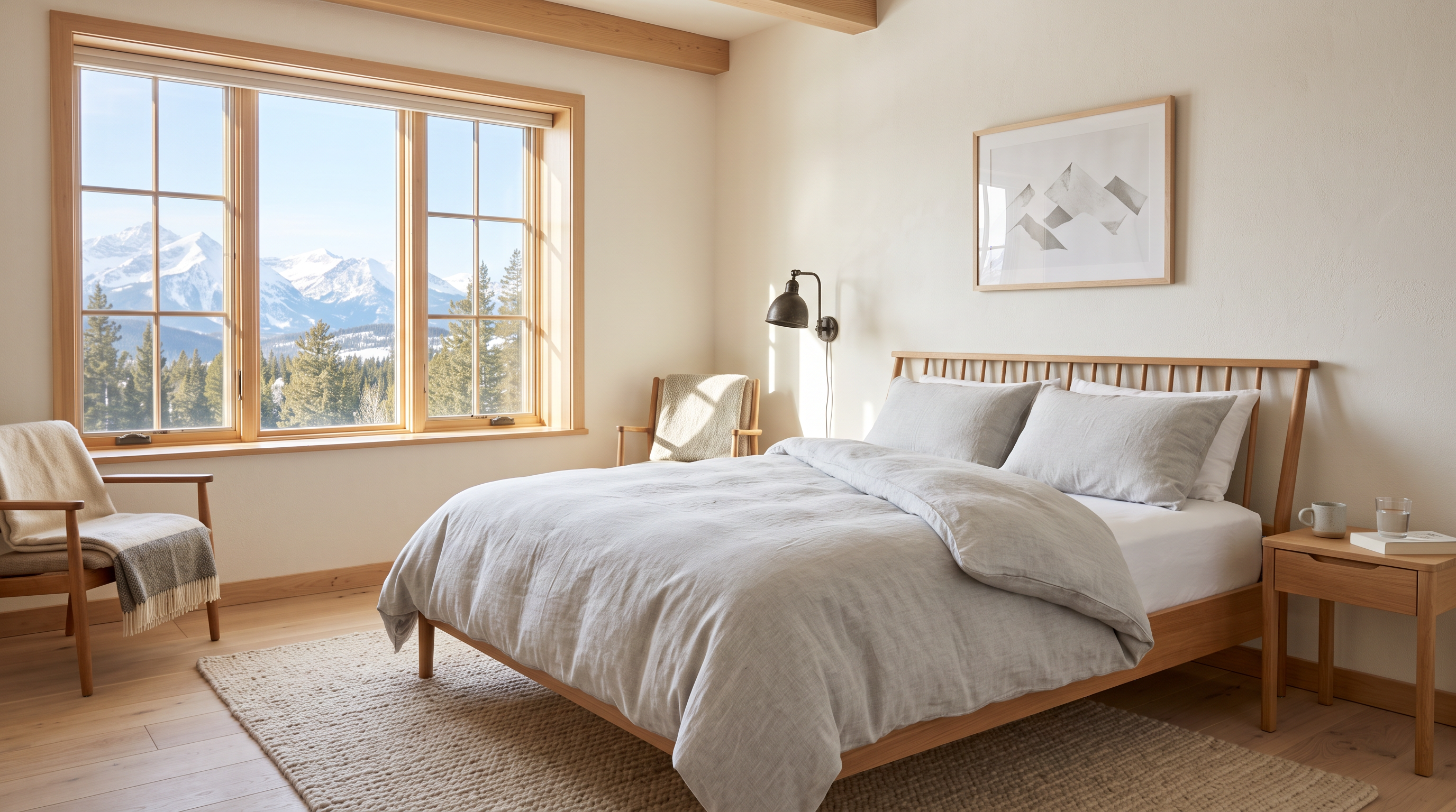 Frisch bezogenes Bett mit Matratze in hellem Schlafzimmer am Morgen