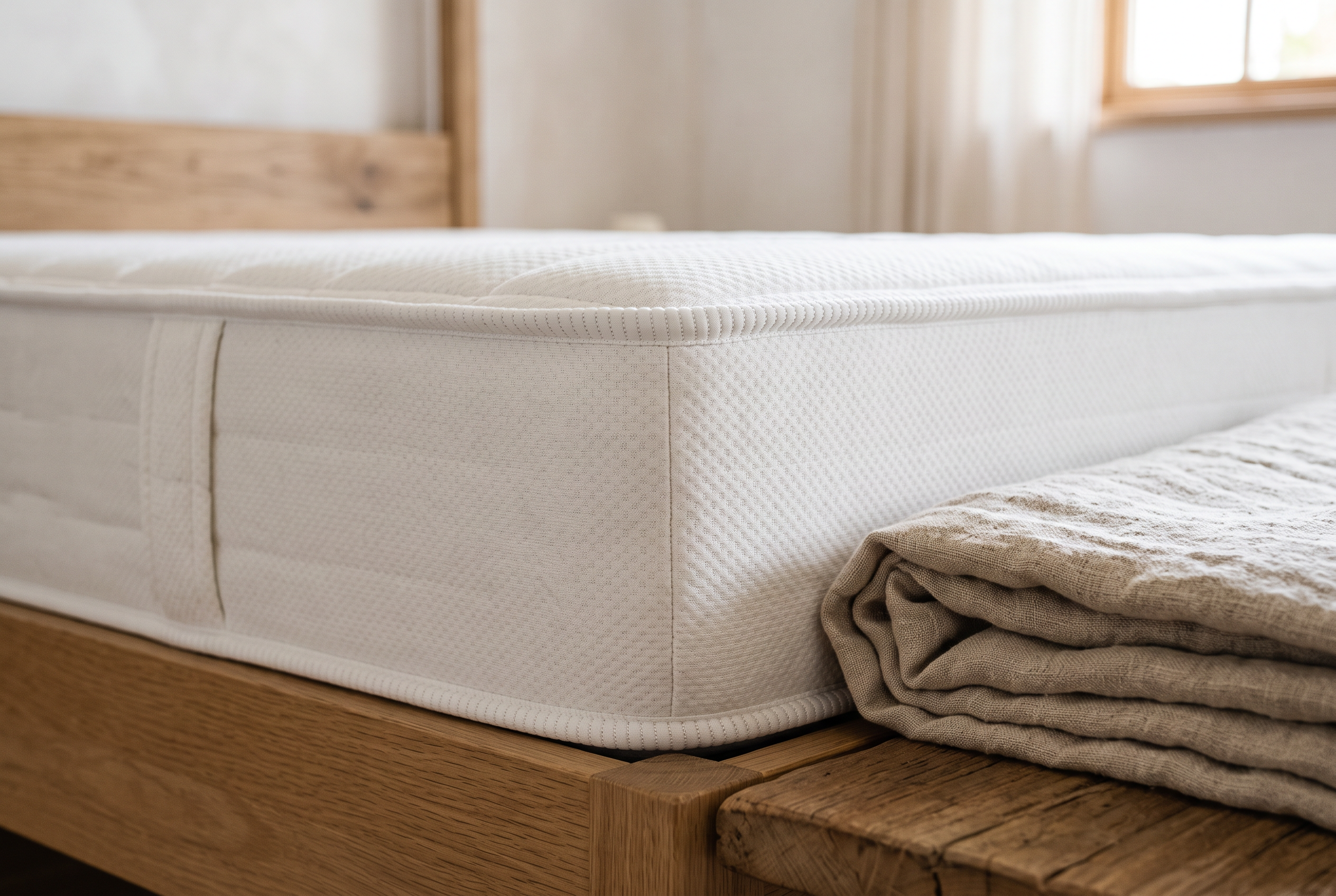 Detailaufnahme einer hochwertigen Matratzenecke mit feiner Naht
