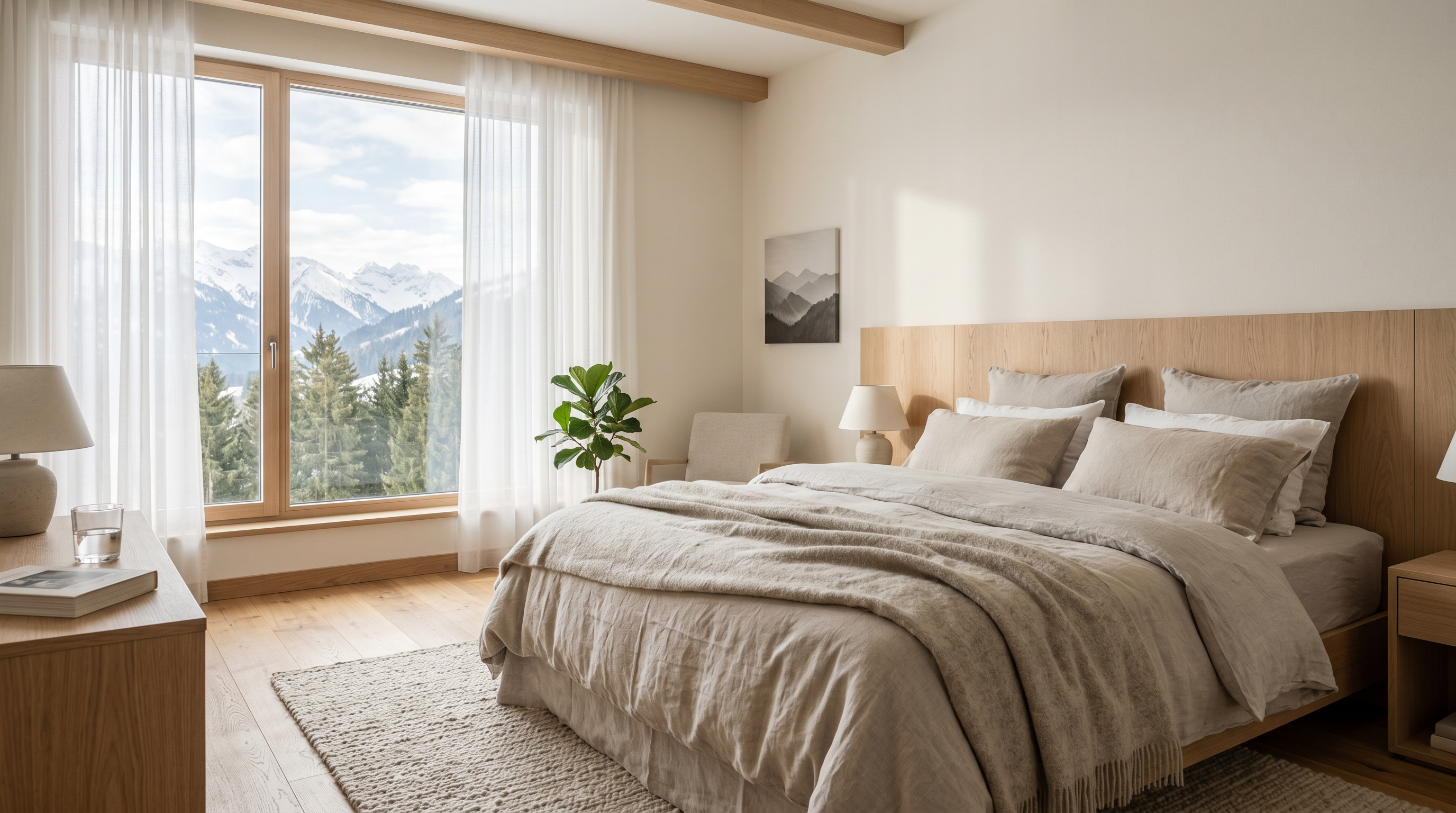 Ruhiges alpines Schlafzimmer mit hochwertiger Matratze für einen rückenfreundlichen Schlaf bei Ischias und Bandscheibenbeschwerden