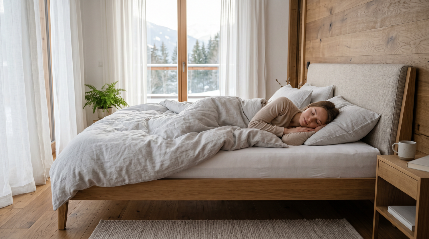 Zierliche Frau schläft entspannt in Seitenlage auf einer weissen Matratze in einem hellen Schlafzimmer