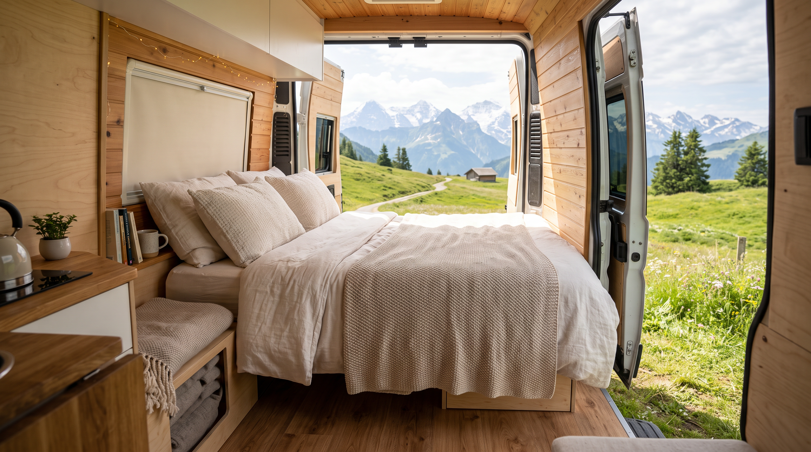 Gemütliches Bett im Campervan mit Blick auf die Alpen
