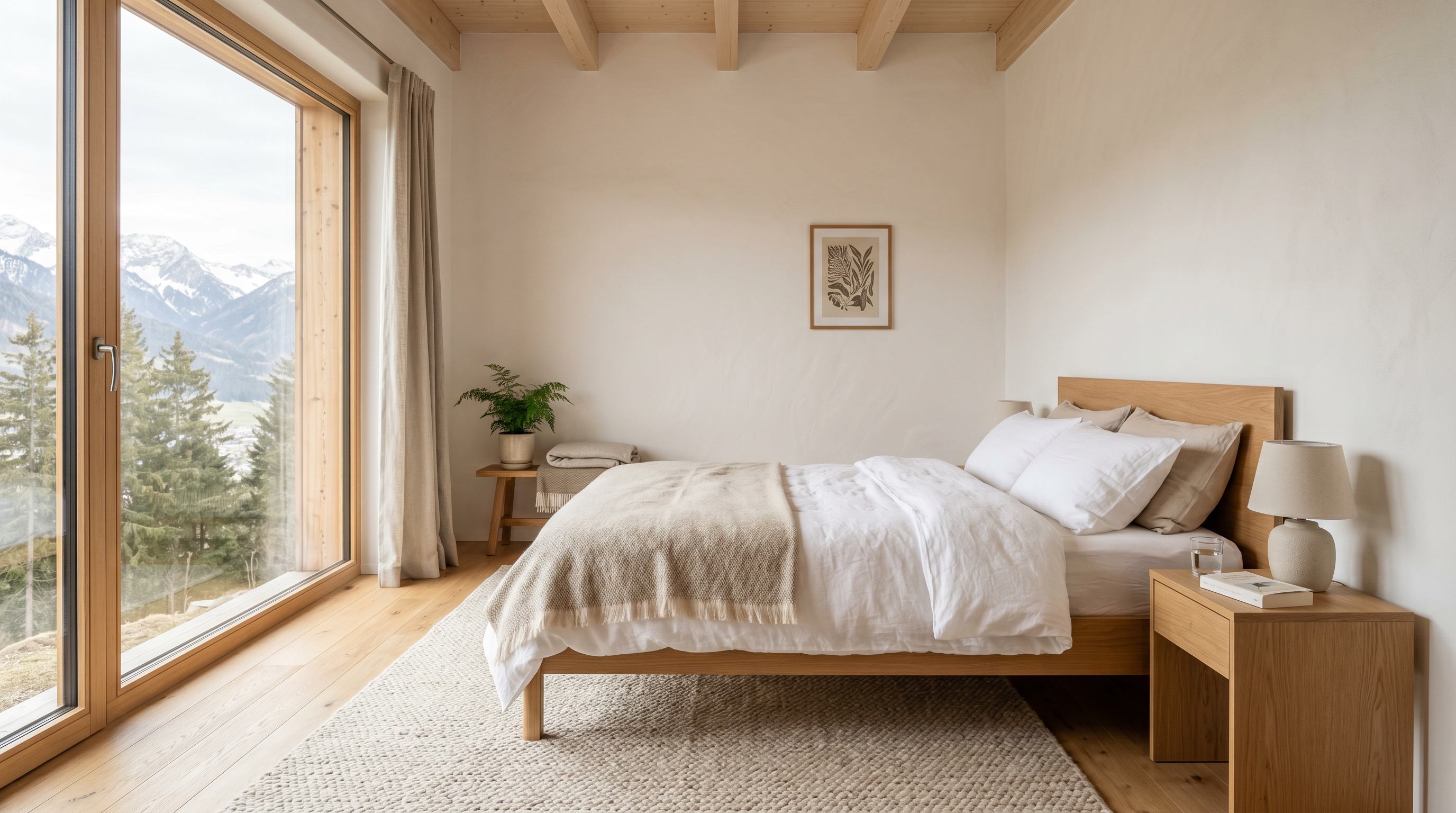 Helles, ruhiges Schlafzimmer mit frisch bezogenem Bett und Morgenlicht