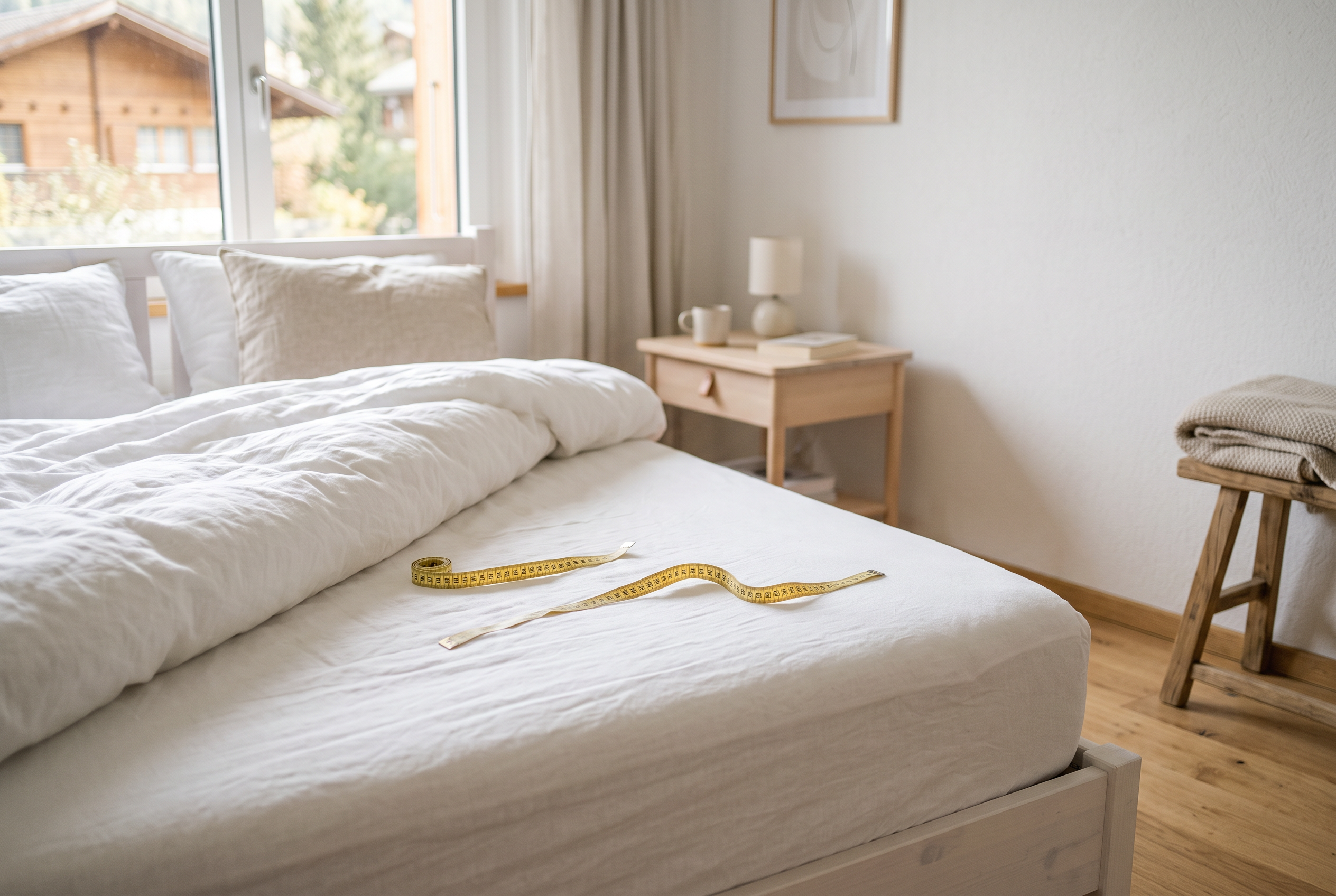 Gelbes Massband auf einer frisch bezogenen Matratze in einem hellen Schlafzimmer