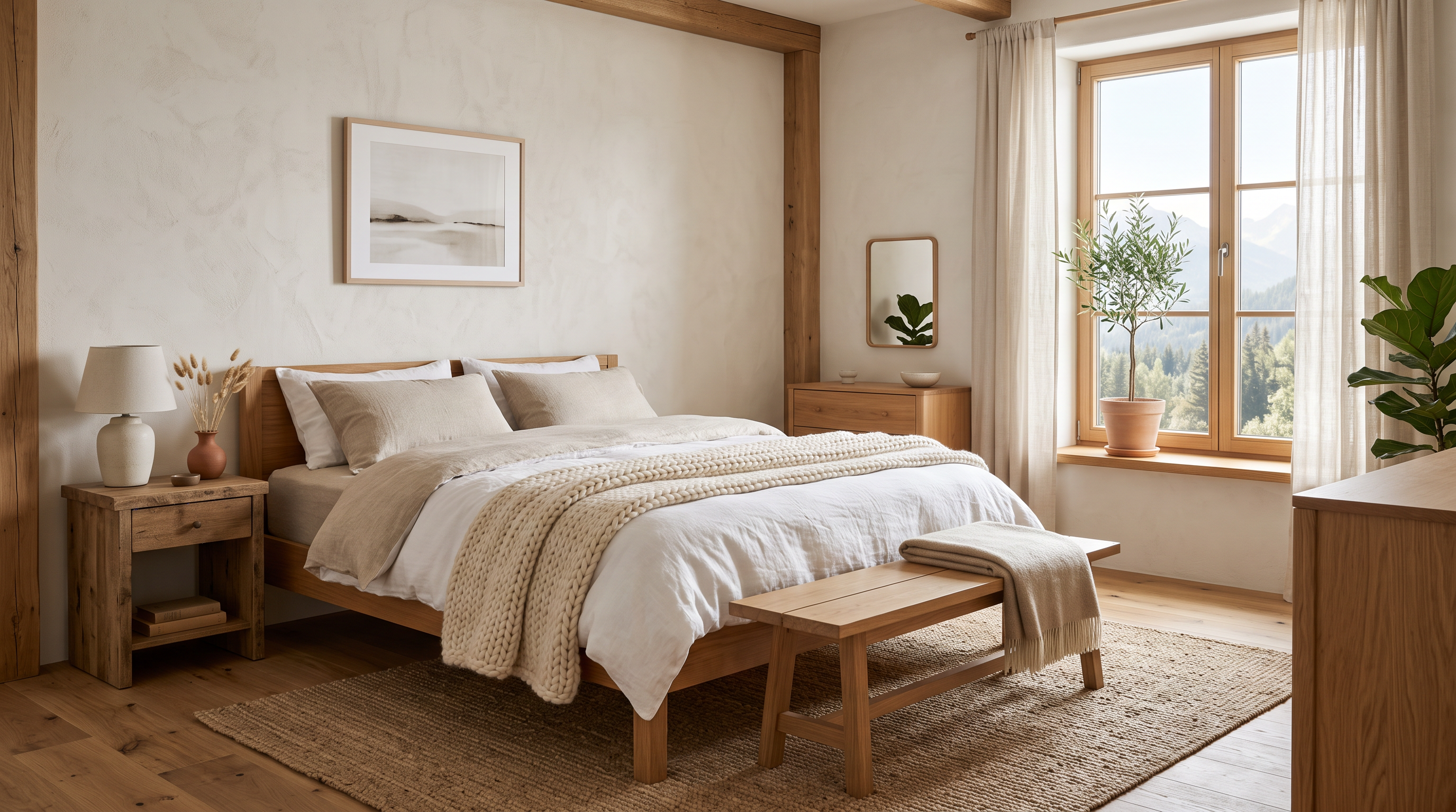 Schlafzimmer mit Leinenbettwäsche, Massivholzmöbeln und Zimmerpflanzen