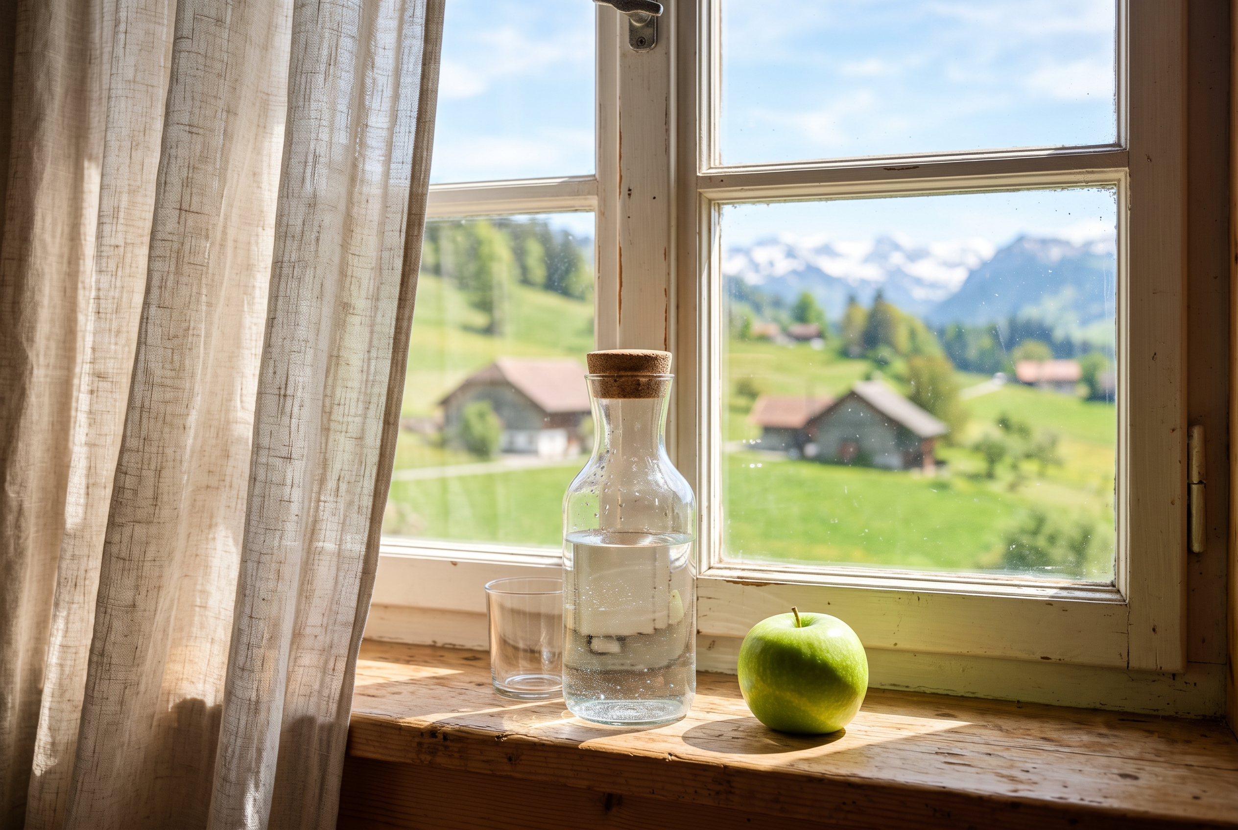 Wasserkaraffe und Apfel am hellen Fenster gegen das Nachmittagstief