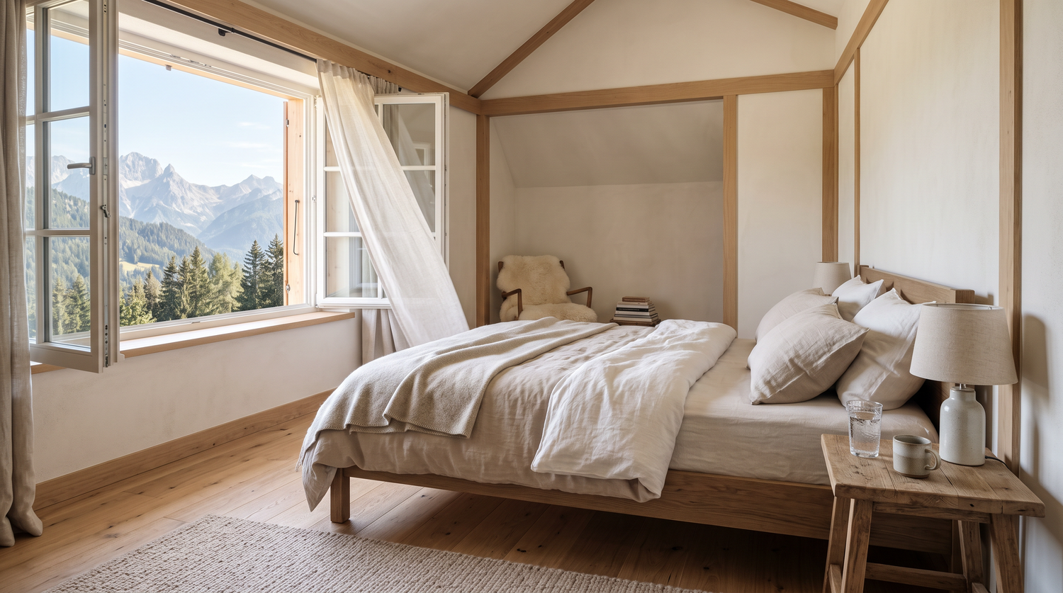 Frisches, luftiges Schlafzimmer mit offenem Fenster und leichter Leinenbettwäsche