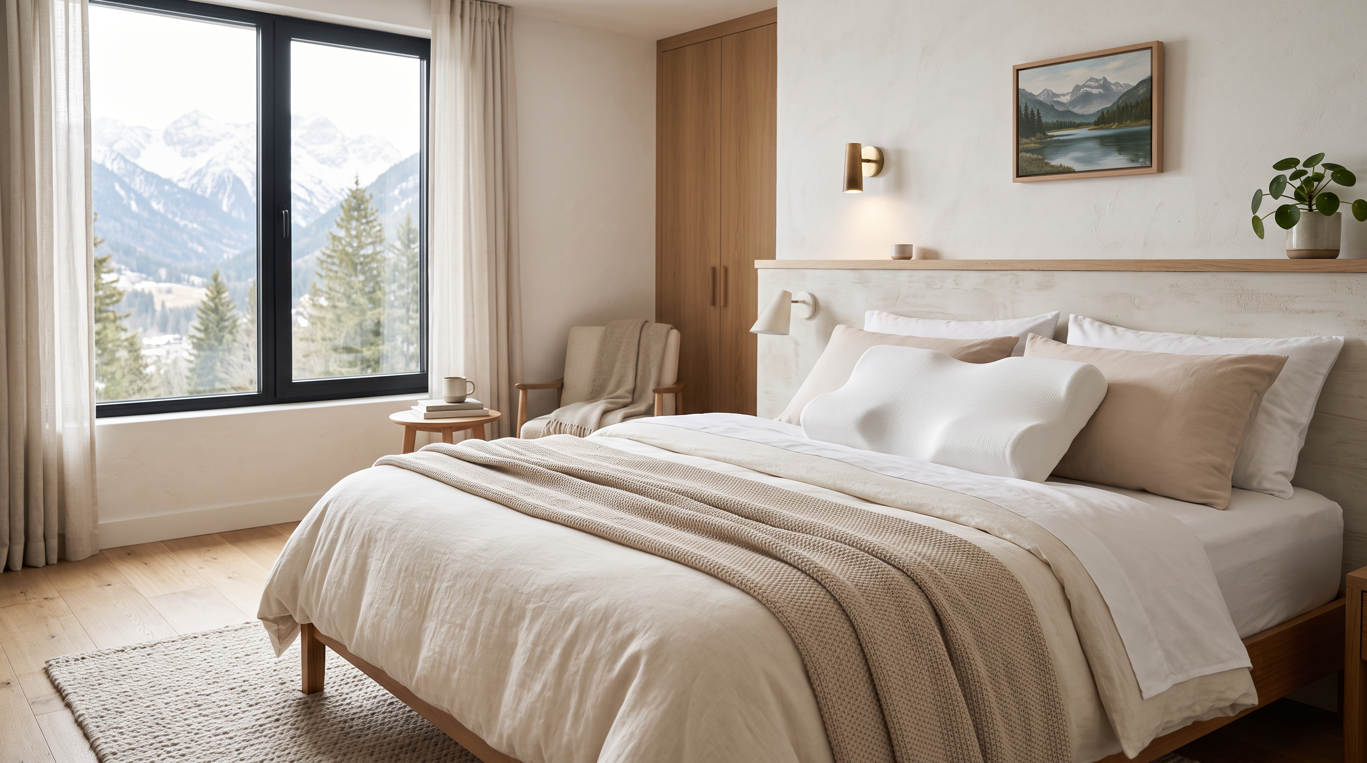 Ergonomisches Nackenstützkissen auf einem ordentlich gemachten Bett im hellen Schlafzimmer
