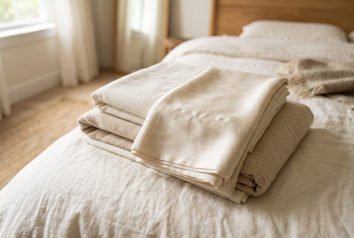 Weiche Bio-Baumwoll- und Seidenbettwäsche gefaltet auf dem Bett