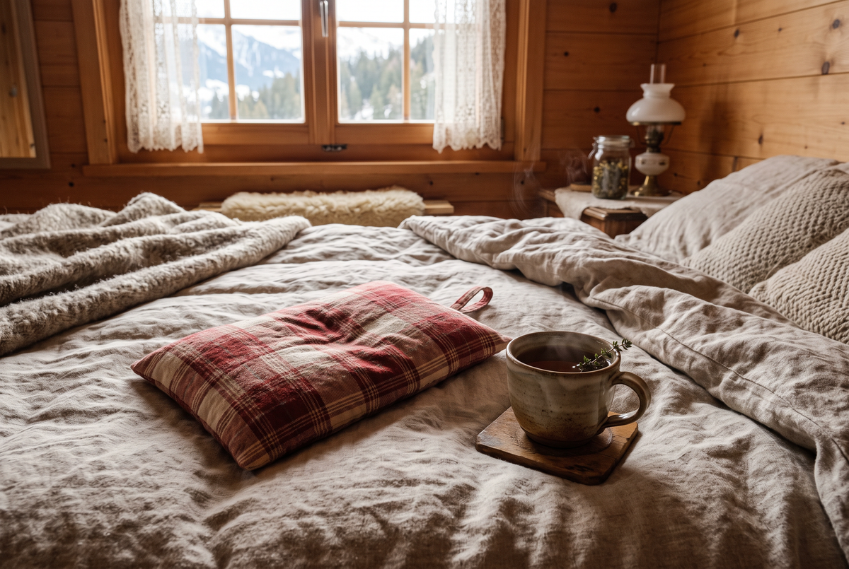 Kirschkernkissen und Kräutertee auf dem Leinenbett