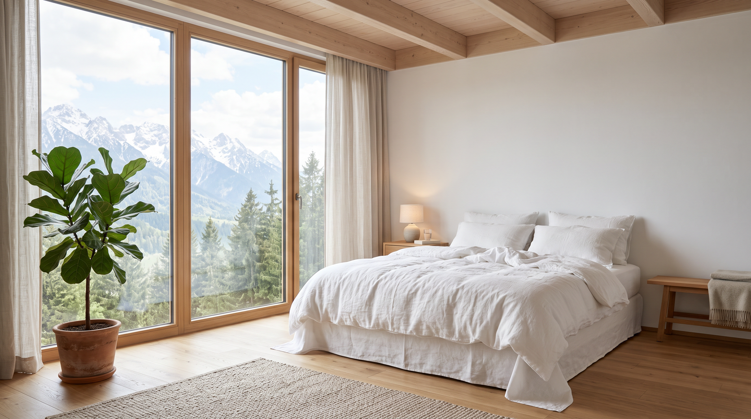 Weisse Matratze mit Baumwollbettwäsche in hellem, gesundem Schlafzimmer mit Pflanze