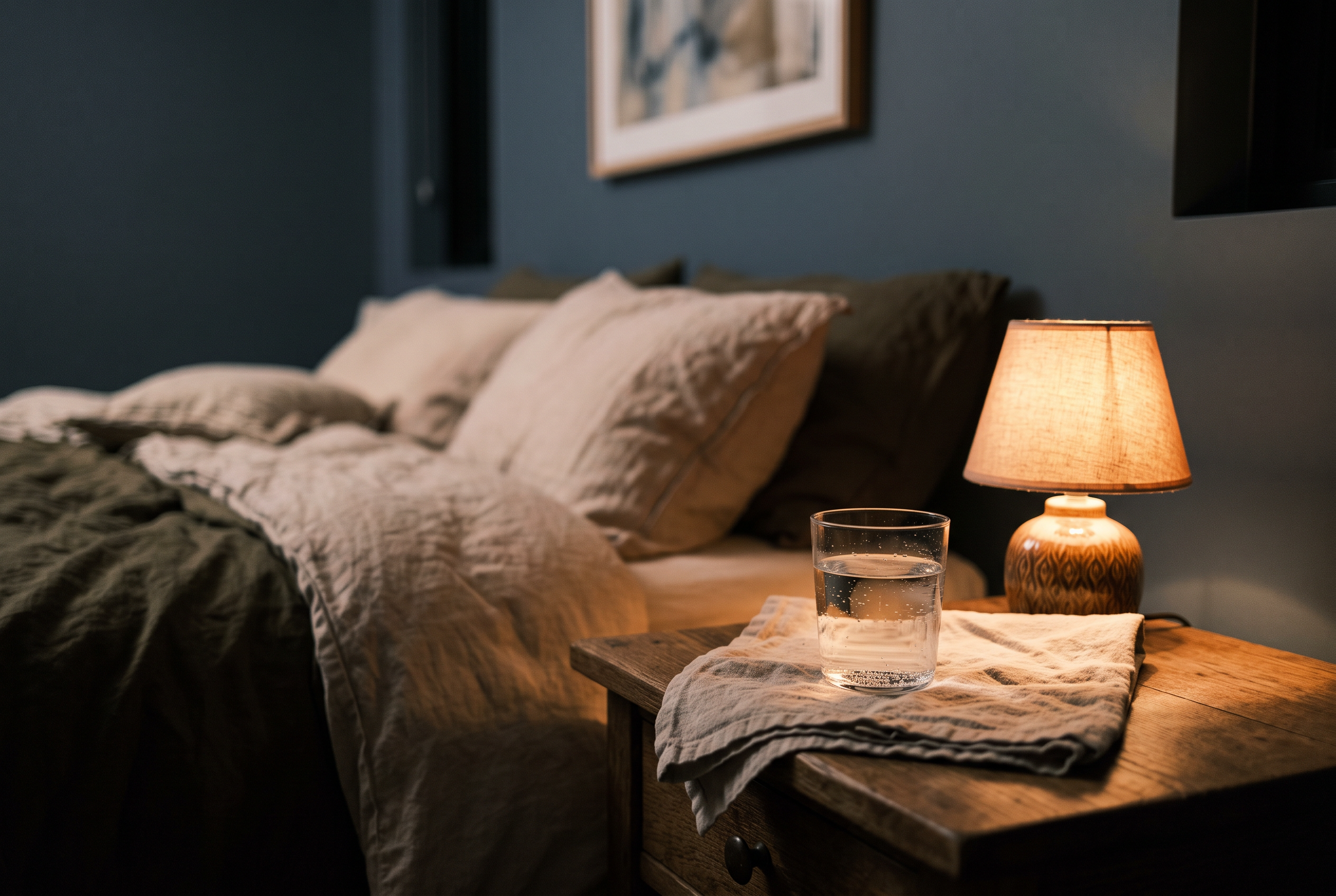 Nachttisch mit gedimmter Lampe und Wasserglas