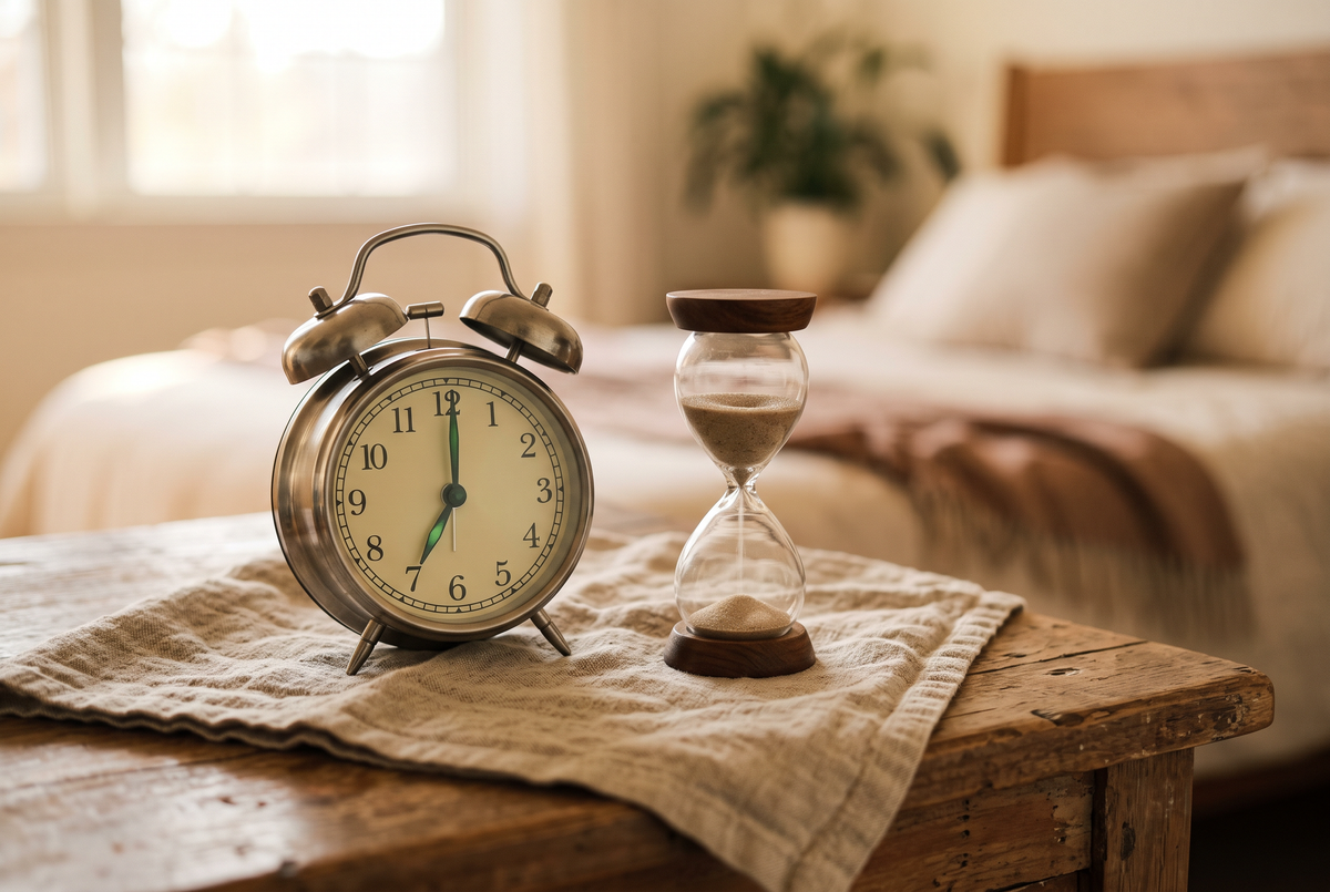 Analoger Wecker und Sanduhr auf einem Nachttisch