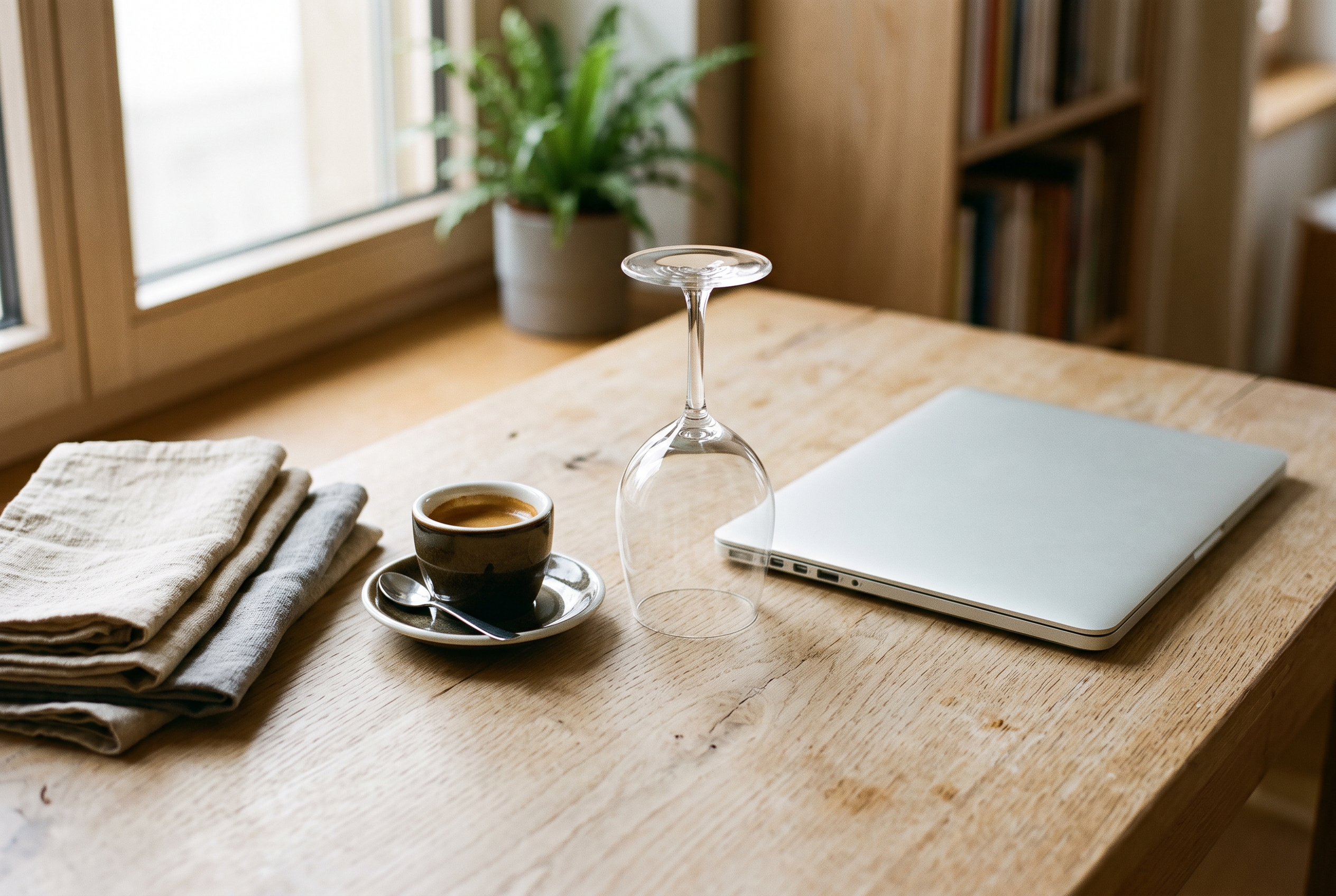 Espressotasse, umgedrehtes Weinglas und geschlossener Laptop auf Eichenholz