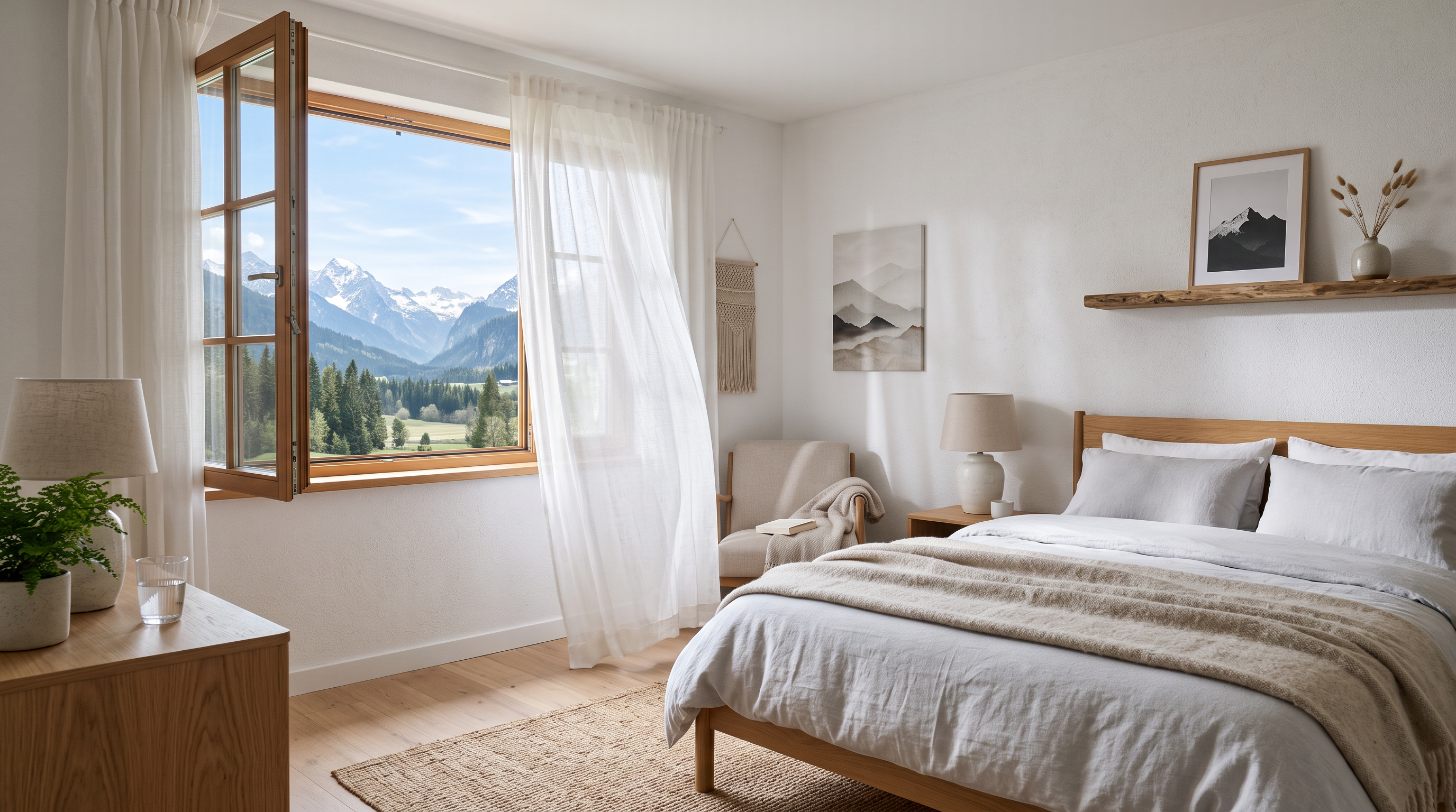 Schlafzimmer mit weit geöffnetem Fenster und wehenden Vorhängen beim Lüften