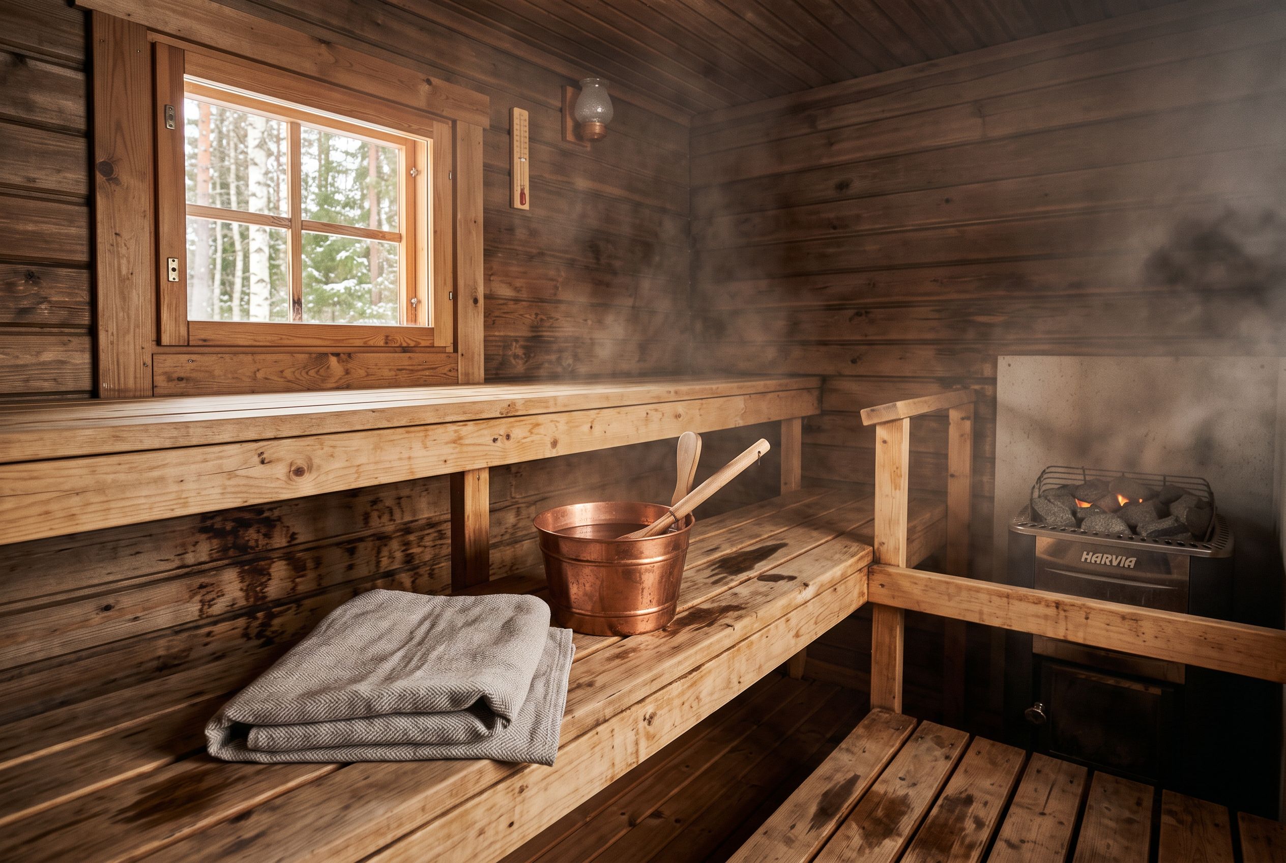 Holzsauna mit Kübel, Kelle und Leinentuch auf der Bank