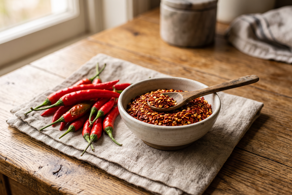 Frische Chilischoten und Chiliflocken auf Leinentuch