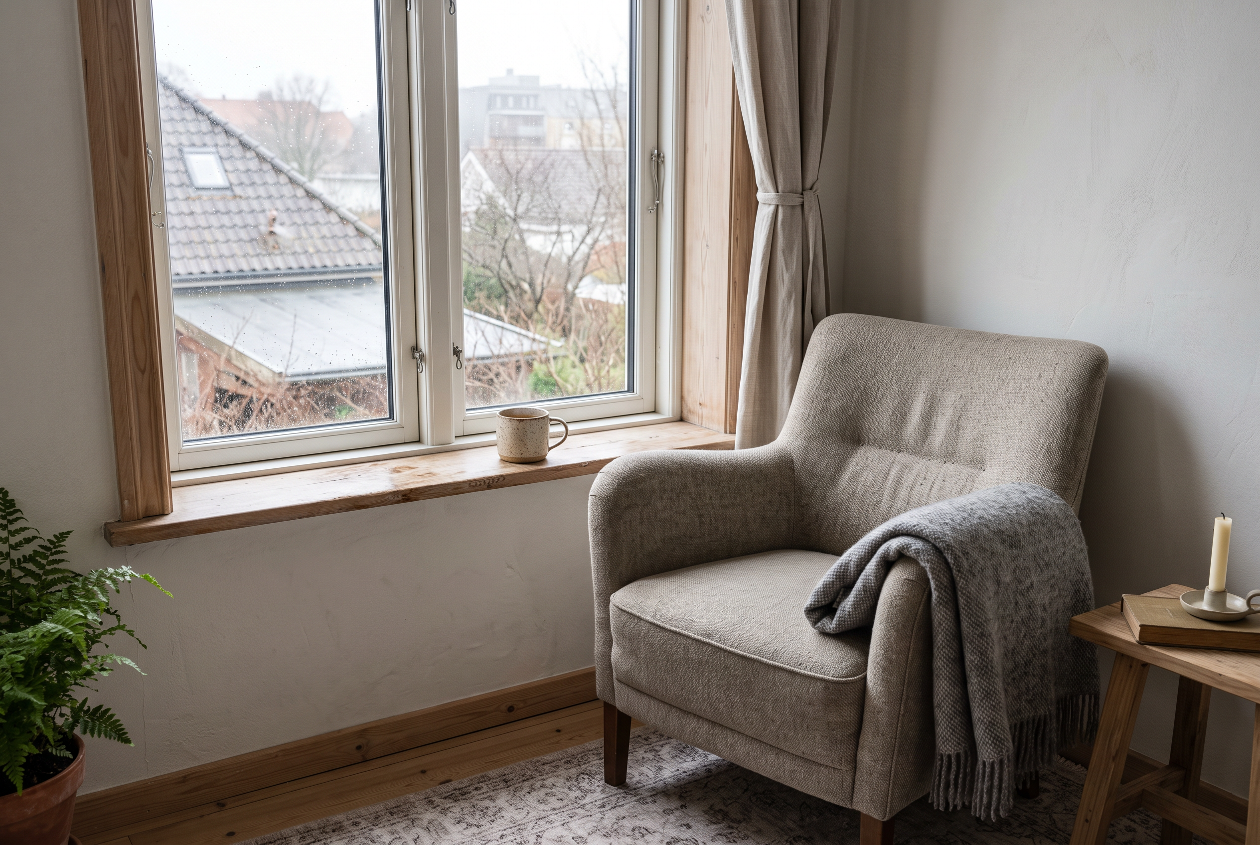 Sessel am Schlafzimmerfenster mit Wolldecke bei gedämpftem Tageslicht