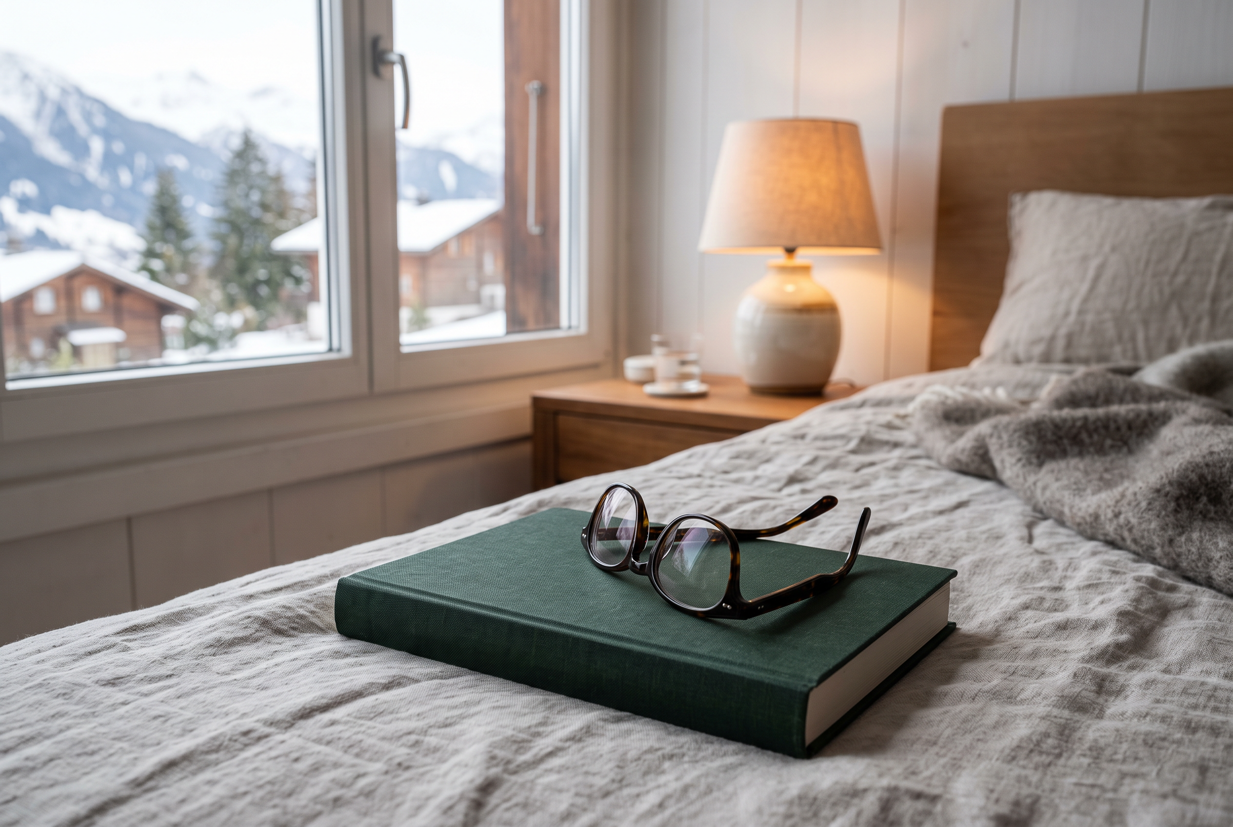 Lesebrille und Buch auf einer Leinendecke neben einer Nachttischlampe
